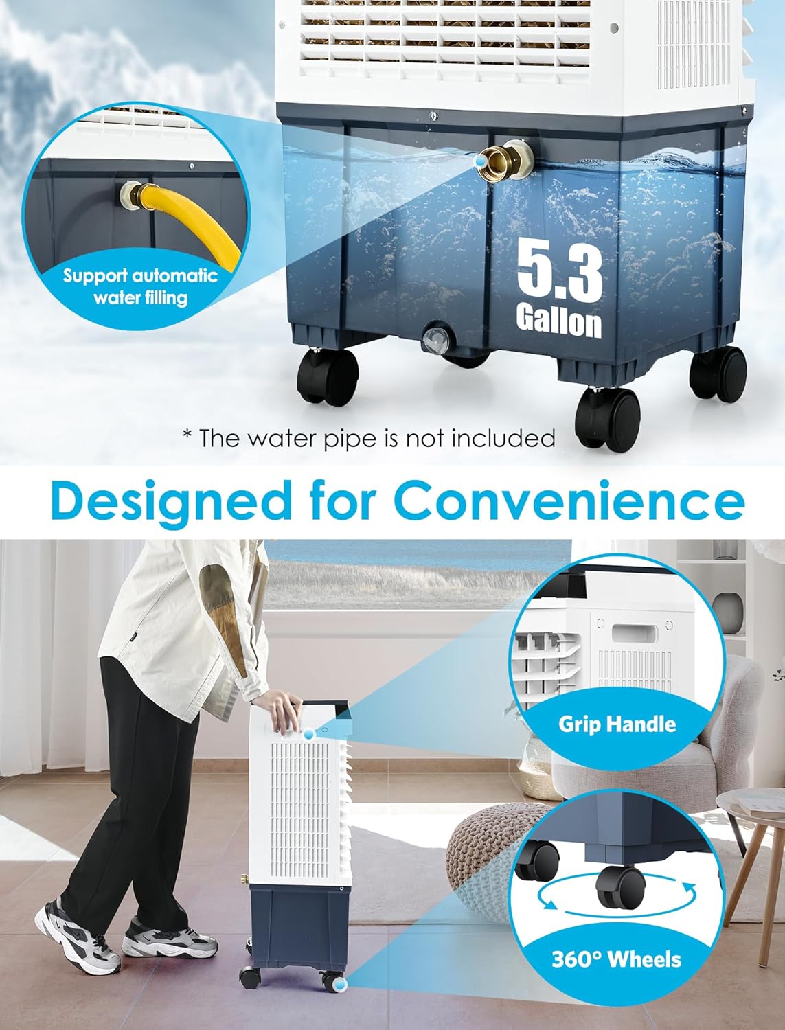 Air Choice Swamp Cooler, 1800 CFM Evaporative Air Cooler with 5.3 Gal Water Tank, 110° Auto Swing, 3 Fan Speeds, 6 Ice Packs, Remote, 12H Timer, Portable Air Cooling Fan for Outdoor & Indoor, Grey