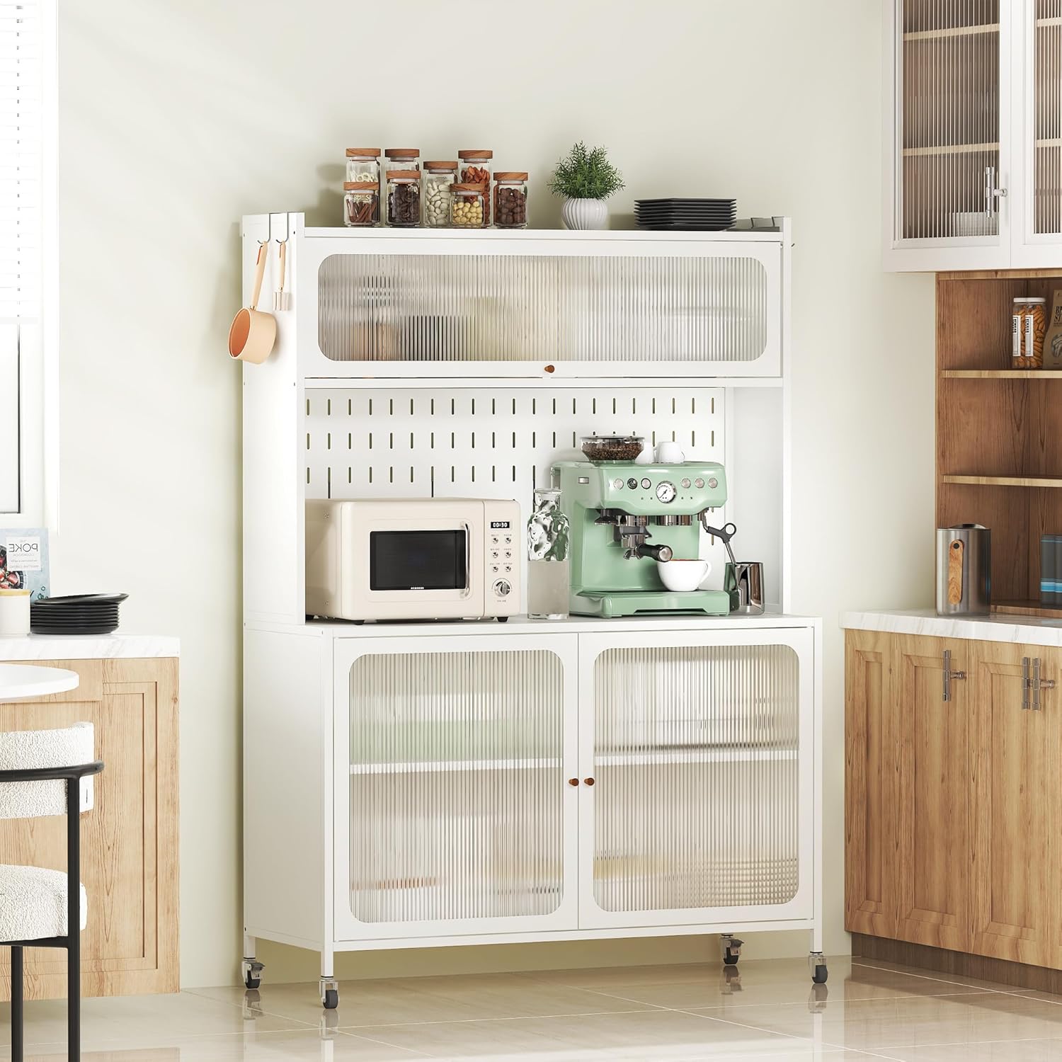 Kitchen Bakers Rack with Flip Door Cabinet, Metal Microwave Stand with Storage Cabinet and Metal Pegboard Panels for Kitchen, Pantry, Home(White)