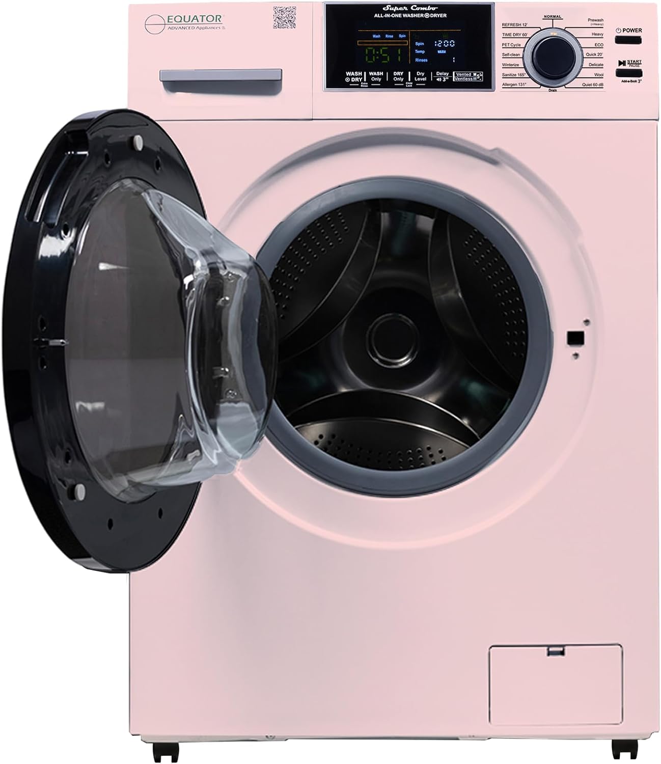 Equator All-in-One Washer Dryer VENTLESS/VENTED PET cycle 1.62cf/15lbs+Portability Kit in White (Pink)