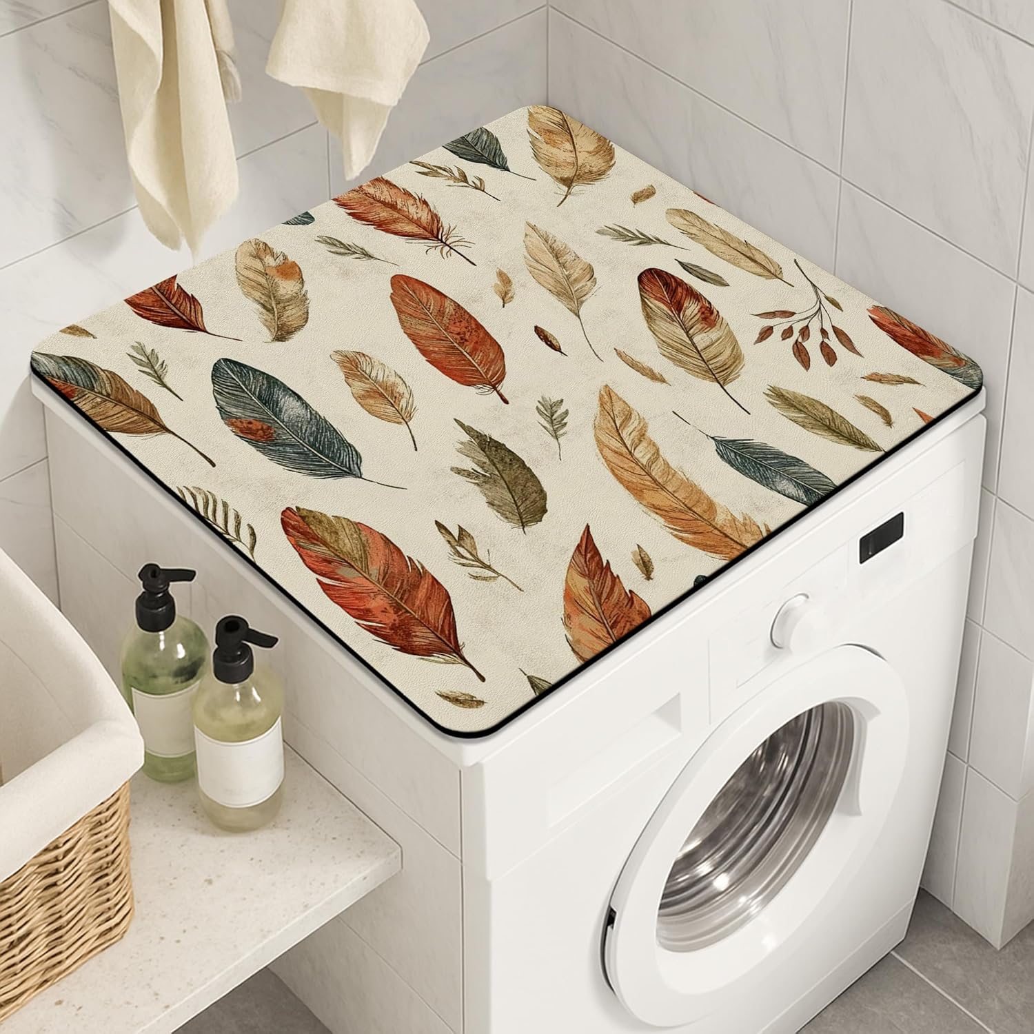 Leaf Pattern Washer Dryer Top Protector Mat, Autumn Botanical Design Laundry Machine Dust Covers, Eco-friendly Anti-slip Waterproof Washer And Dryer Mats for Laundry Room 24x24 Inch