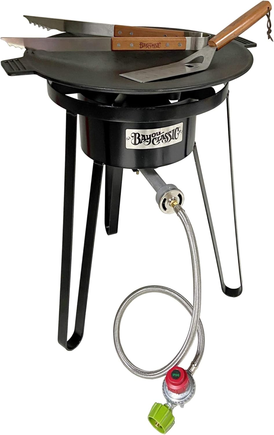 Bayou Classic B178 Campers Discada Cooker Set Perfect for Outdoor Skottle Cooking Features 17-in Diameter Cook Top 4-in Cast Aluminum Burner 21-in Tall Welded Frame Stainless Tongs & Stainless Spatula