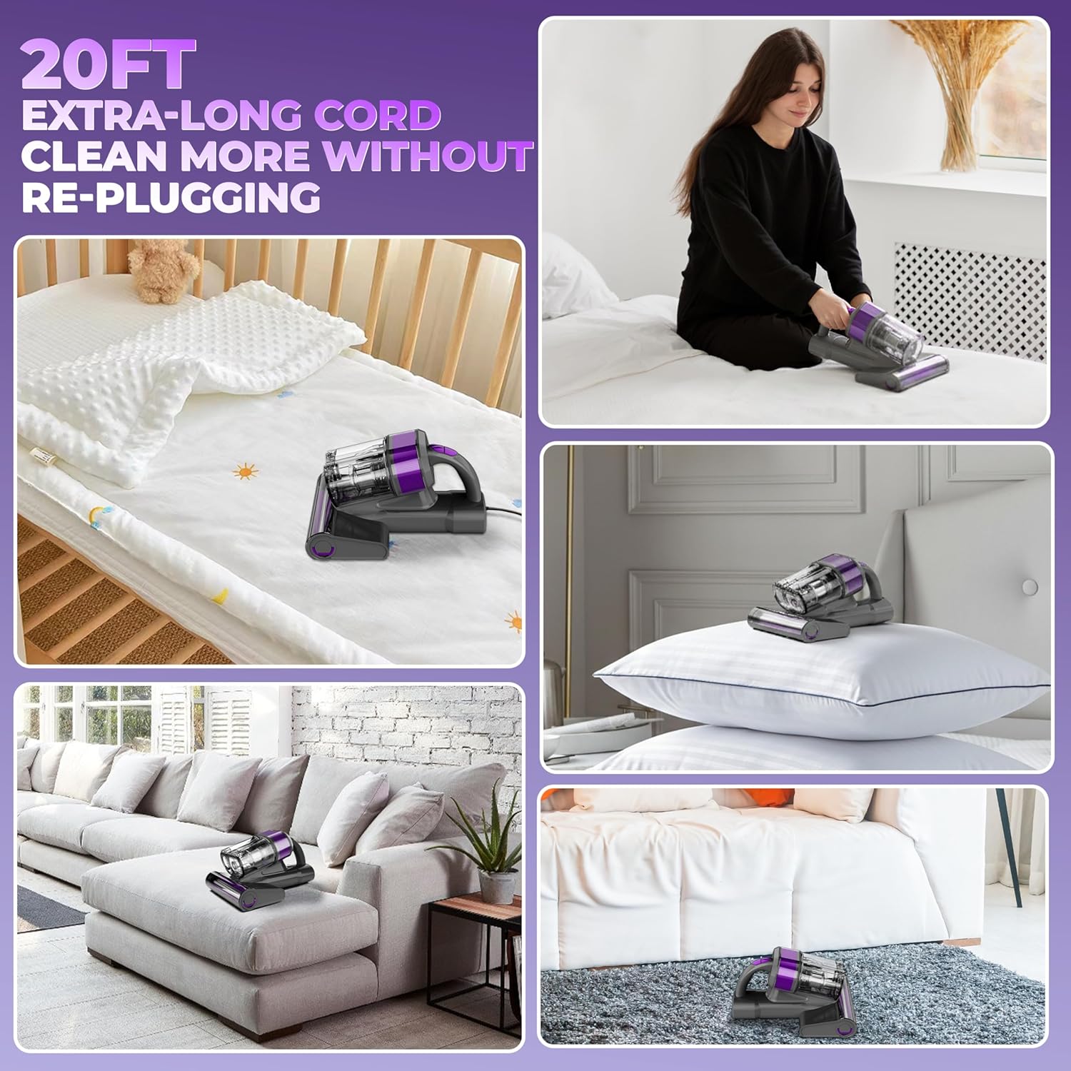 AIM Mattress Vacuum Cleaner with UV-C Light, 16KPa Bed Vacuum with Ultrasonic & 149°F Hot Air Drying, Anti-Tangle Roller Brush, Washable HEPA Filter, 20FT Cord, Handheld