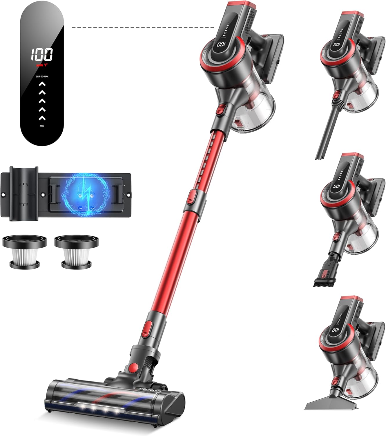 Cordless Vacuum Cleaner, 450W 40KPA Up to 55 Mins Cordless Stick Vacuum Cleaner with Charging Station, LED Touch Display, Anti-Tangle Handheld Vacuum Cleaners for Home/Pet Hair/Carpets/Floors