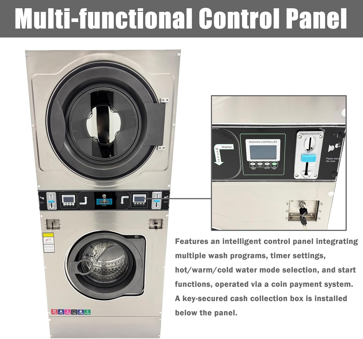 Coin Operated Washer Dryer Combo Commercial Stacked Washing Drying Machine for Laundromats Apartment Laundry Rooms Hotels 12kg Dry Clothes Capacity 220V 1PH