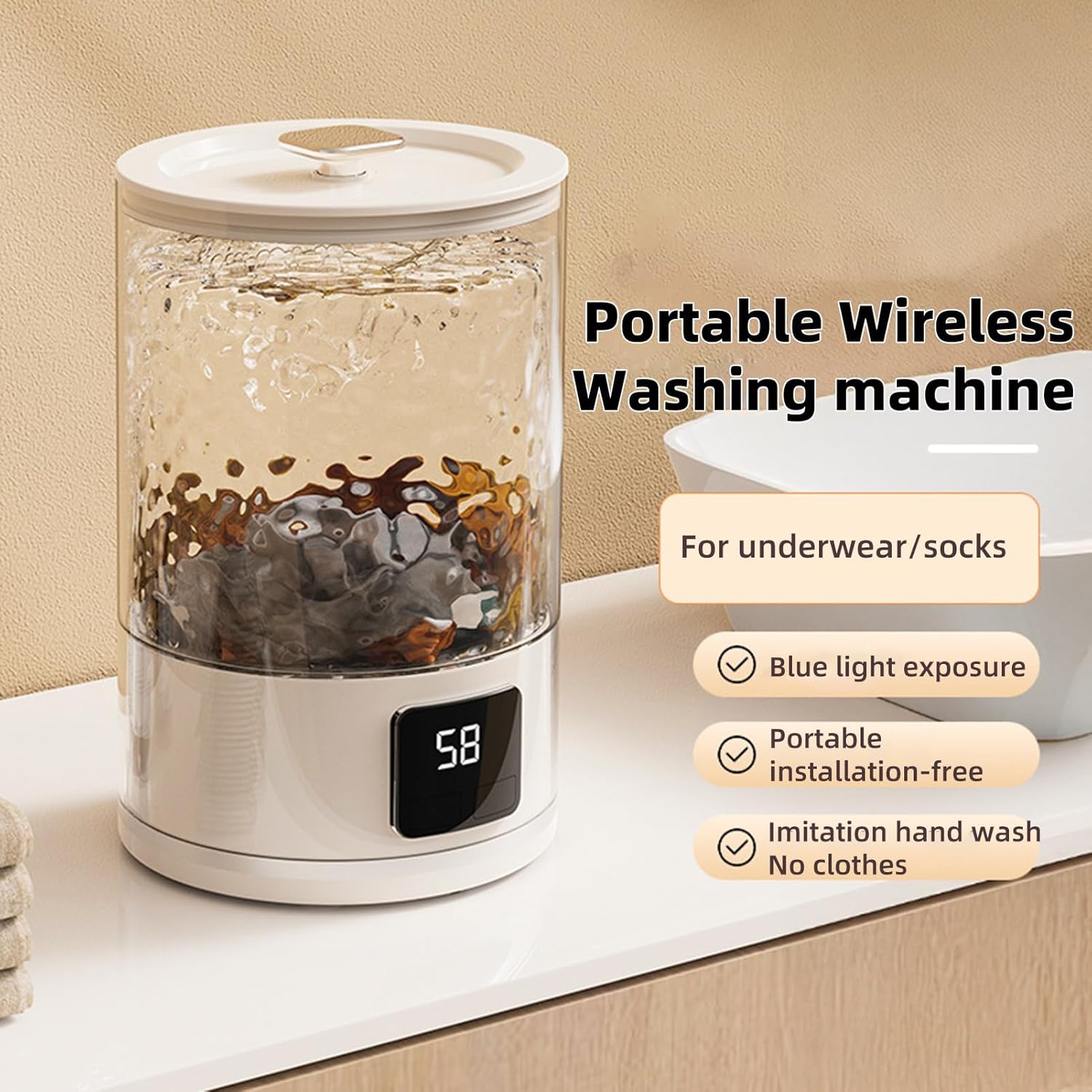 Mini Portable Washing Machine for Underwear – Rechargeable Travel Washer with LED Display, Compact Laundry Cup Washing Machine for Small Clothes, Home or Camping Use (White)
