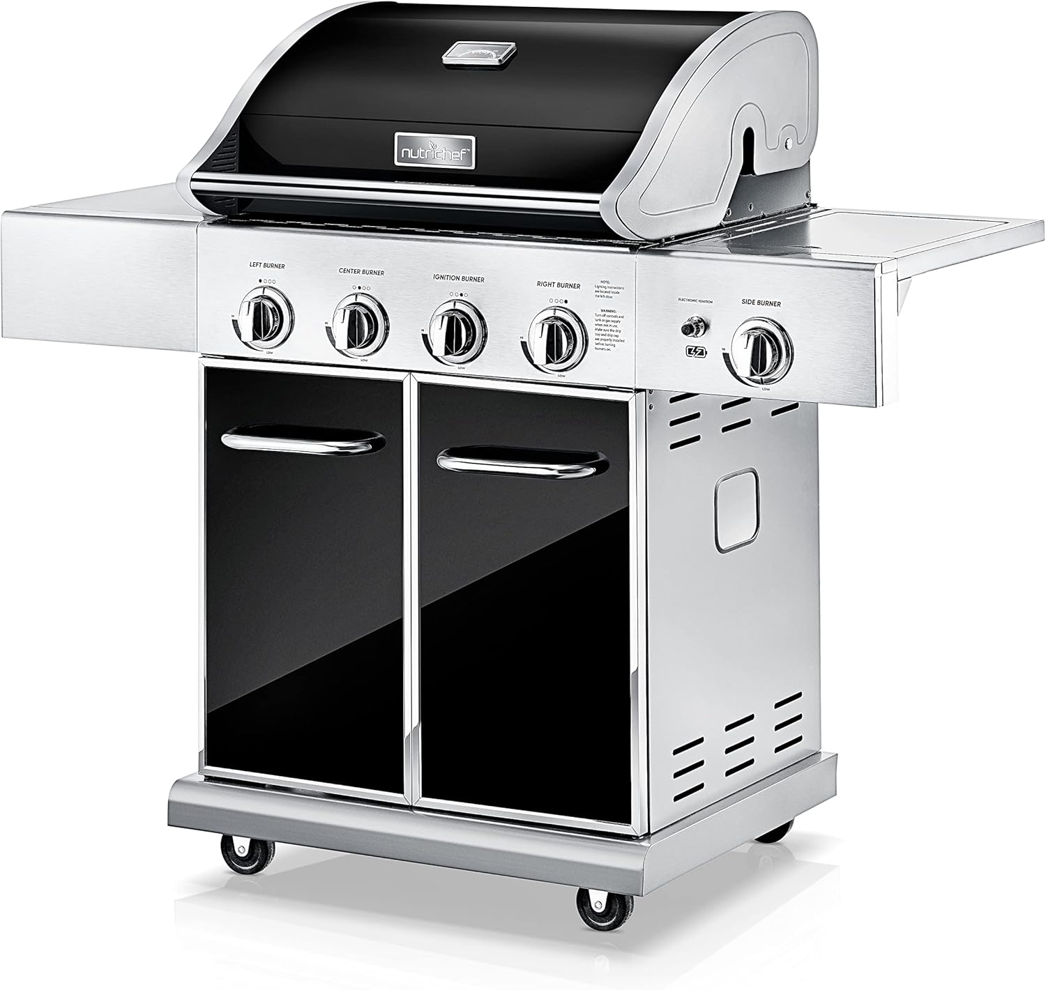 NutriChef Heavy-Duty 5-Burner Propane Gas Grill - Stainless Steel, 52,000 BTU, 4 Main Burners + Side, Electronic Ignition, Built-in Thermometer - NCGRIL2.5