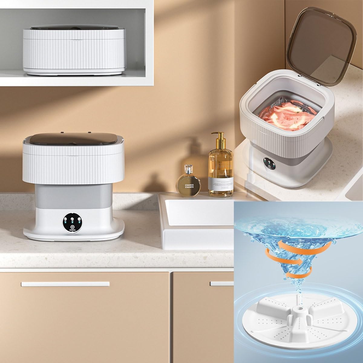 12X12X11in Foldable Washing Machine 10L Large Capacity Washer With Spin Cycle Basket And Drain Hose Travel Washing Machine For Home Dormitories Hotels(Beige)