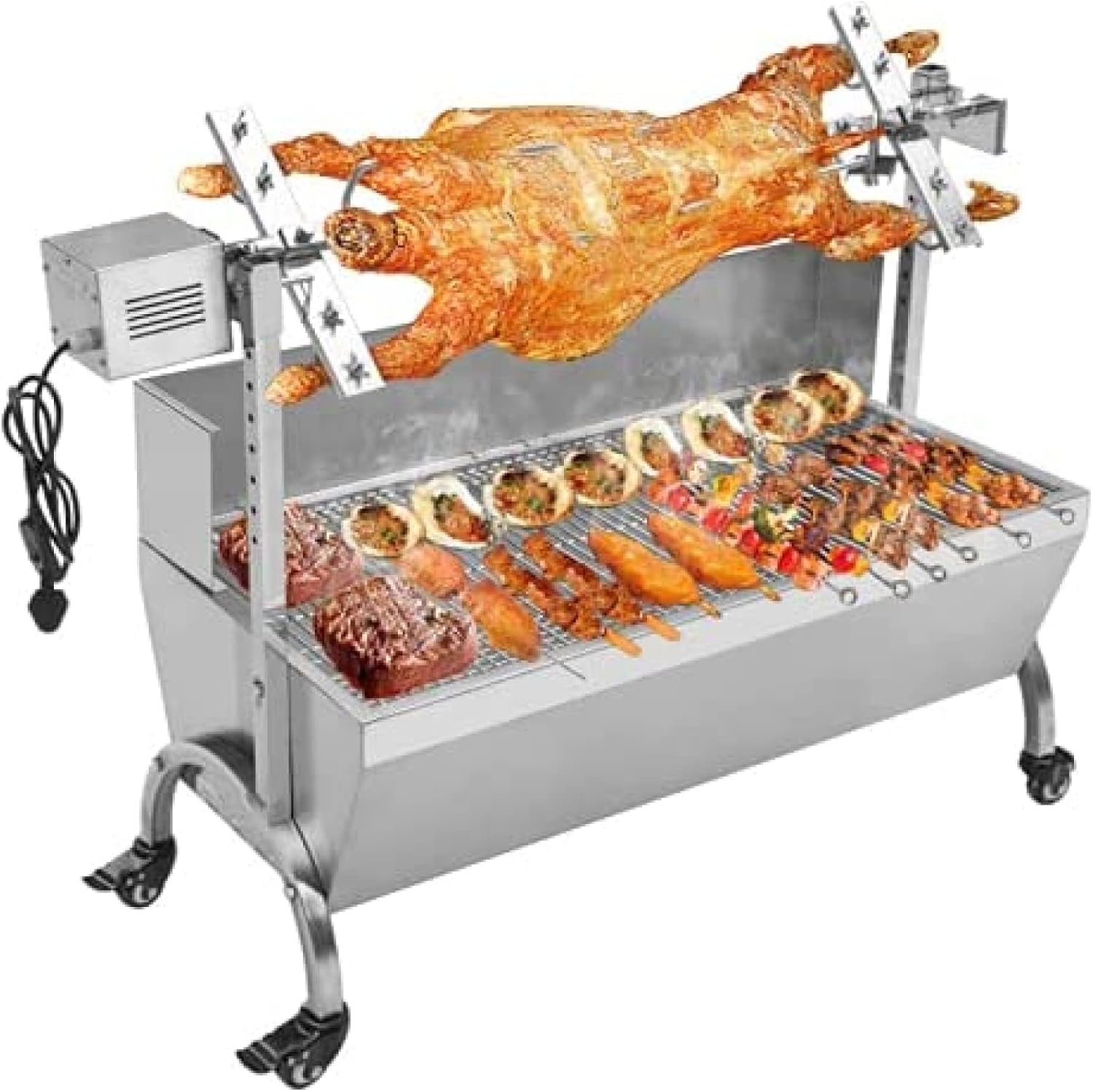Electric Automatic BBQ Rotisserie Grill Kit, Universal Motor Kit Outdoor Camping Rotisserie Spit Roaster Large Stainless Steel Grill for Rotisserie Lamb with Windshield,Grill Kit