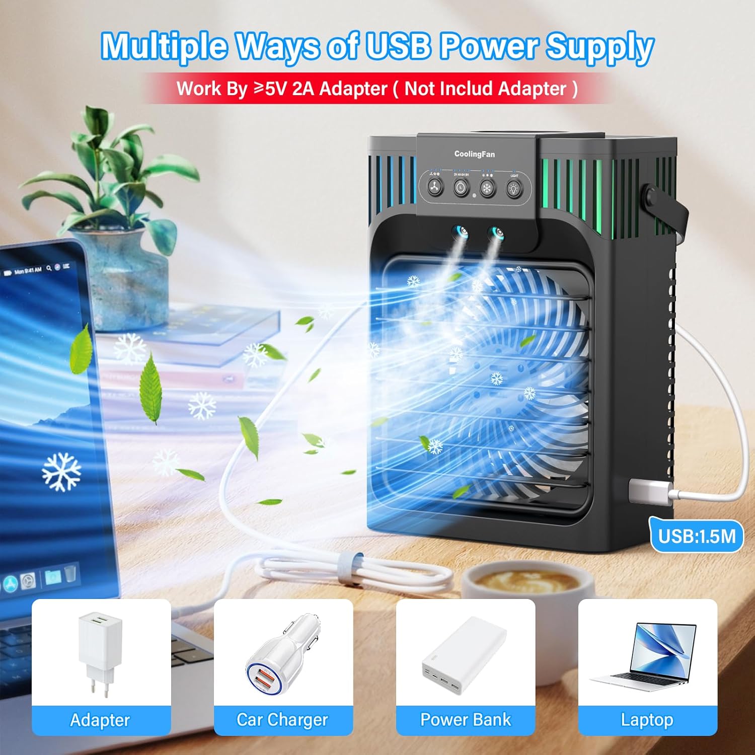 Portable Air Conditioners,4-in-1 Evaporative Air Cooler with 3 Speeds, 3 Modes & 7 LED Light Cooling Fan with Remote, 2-8H Timer, 1200ML Personal Mini Air Conditioner for Bedroom and Office