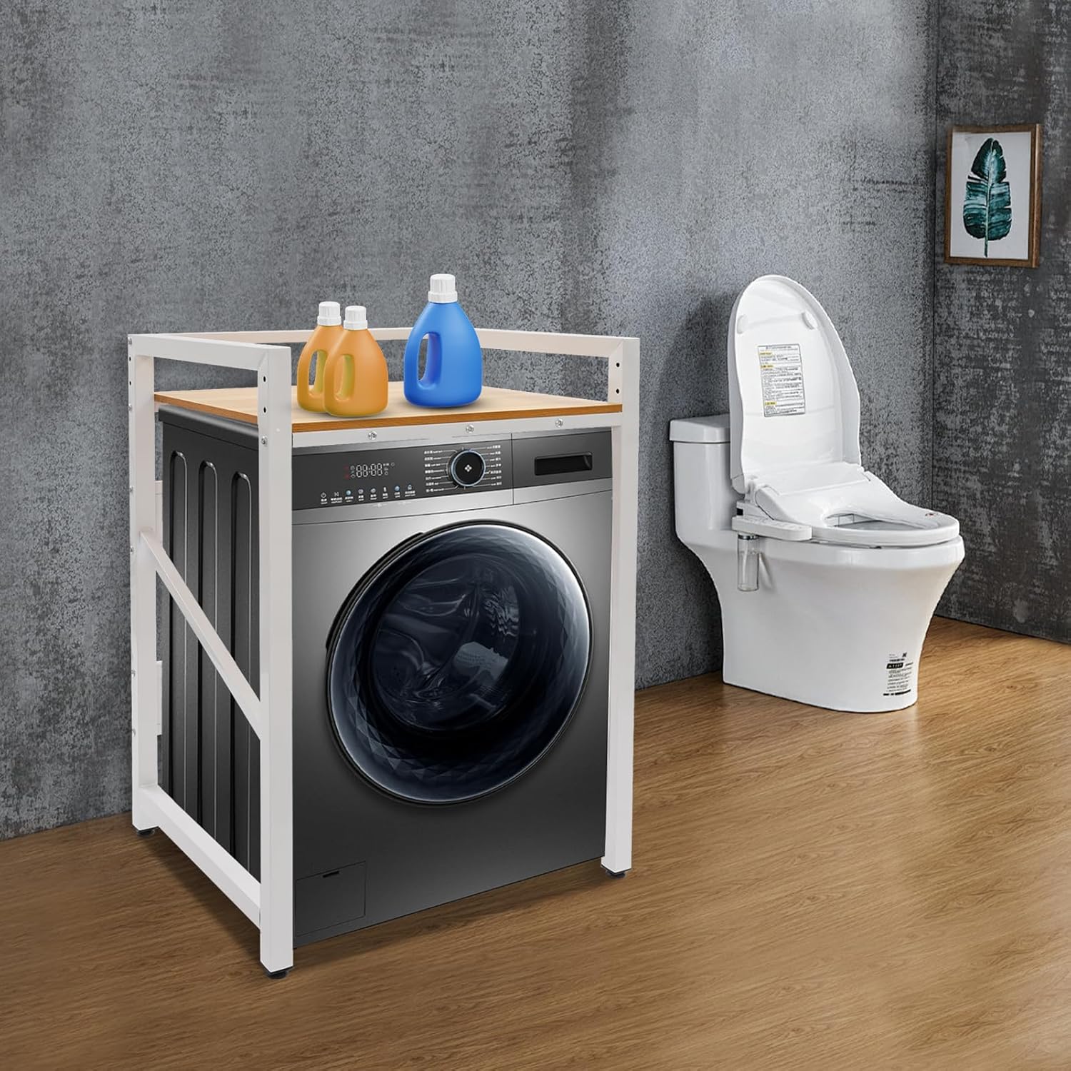 Washer Dryer Stacking Rack Stand, Washing Machine Shelf Over the Washer and Dryer Shelves 3 Level Height Adjustable Storage Shelf Organizer Rack for Laundry Rooms Apartments Bathroom (White Yellow)