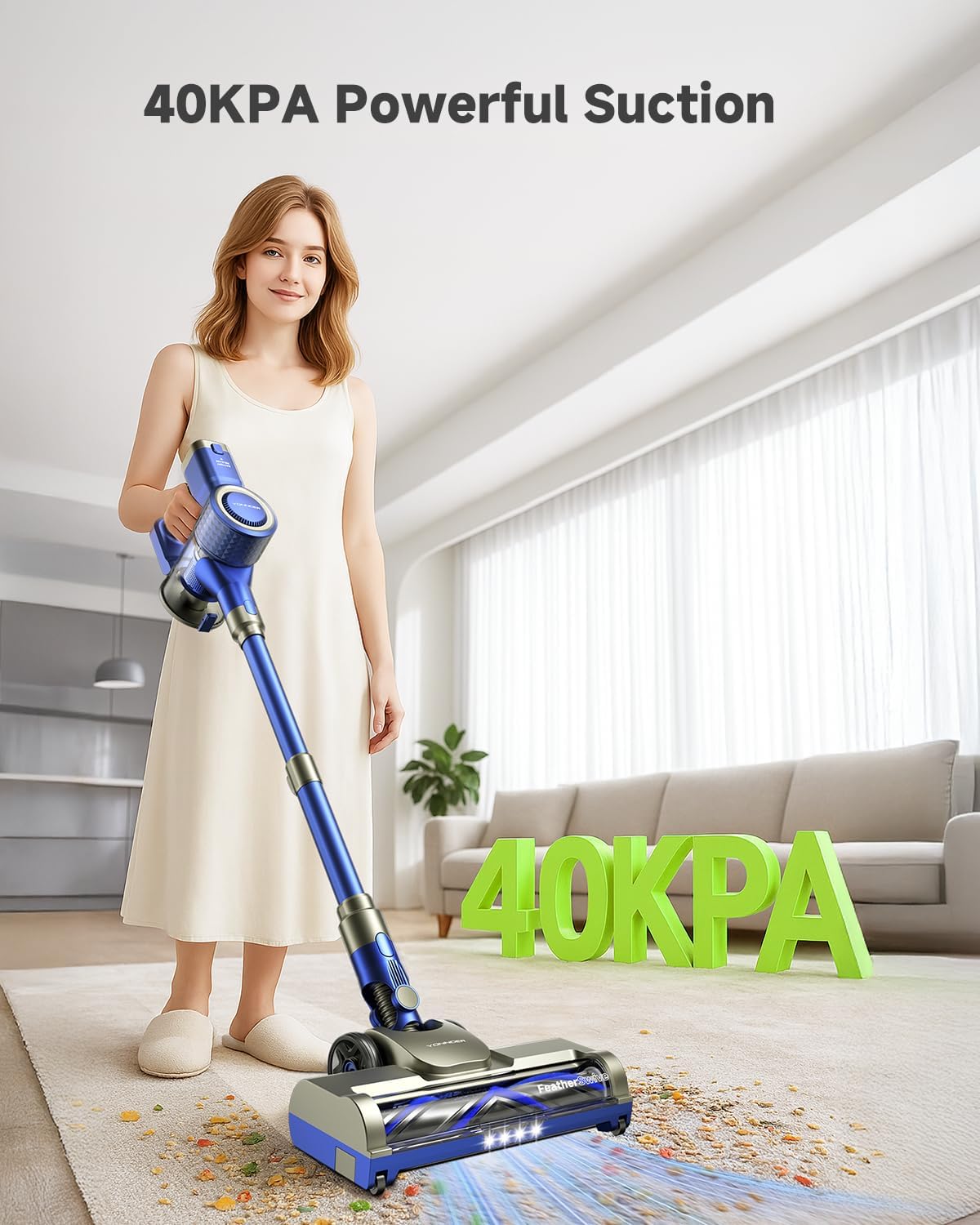 YONNDER Cordless Vacuum Cleaner 40KPA, 6-in-1 Lightweight & Detachable Battery, Powerful Suction for Home, 6-Stage Filtration, Tangle-Free V-Shaped Brush, for Hard Floor/Carpet/Pet Hair