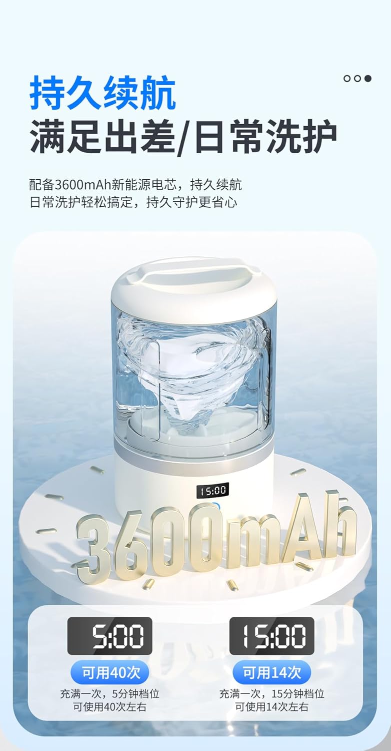 Portable Mini Washing Machine, USB Rechargeable Laundry Cup for Underwear and Socks, 3600mAh Battery Powered, Automatic Small Travel Washer with Dual Mode Cleaning