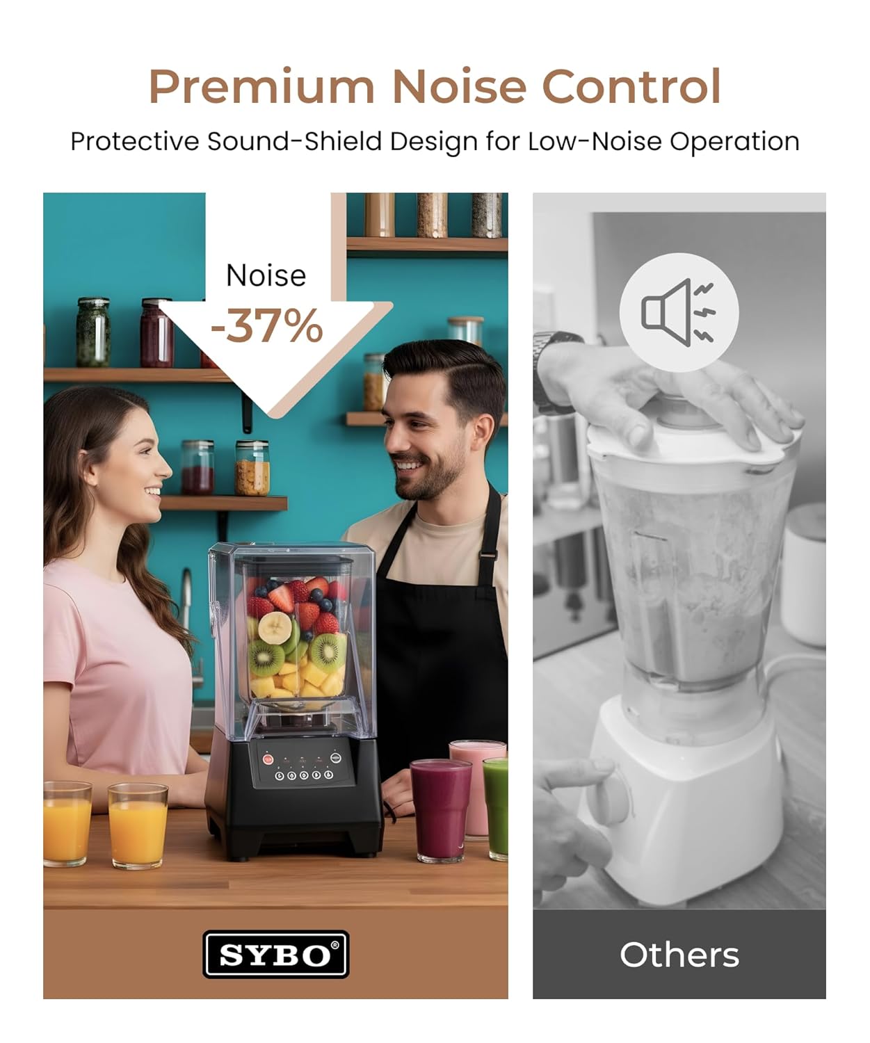 SYBO HSS-210E Commercial Professional Blender With Quiet Shield, Heavy-Duty 1400W High-Speed, 48oz BPA-Free Jar, Easy Cleaning & Dishwasher-Safe, for Juice, Ice Shakes, Smoothies, Metallic