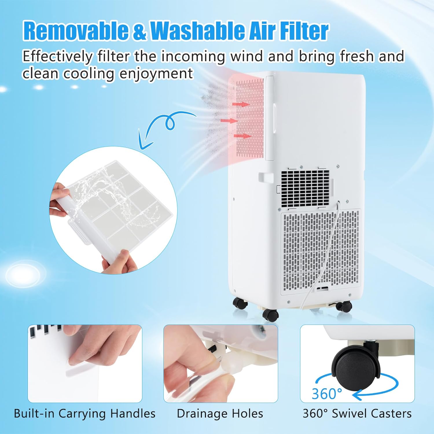 GOFLAME 8000BTUS Portable Air Conditioner for Rooms up to 250 Sq.Ft, 3-in-1 AC Unit on Wheels w/Cooling, Fan, Dehumidifier, Sleep Modes, 24H Timer, Remote Control Installation Kit, Floor AC Unit