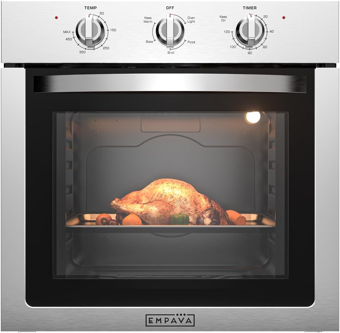 Empava Built-In Electric Single Wall Oven 24 inch, 2.5 Cu. ft. Capacity 4 Cooking Modes, Knob Control, 2950 Watts, Stainless Steel