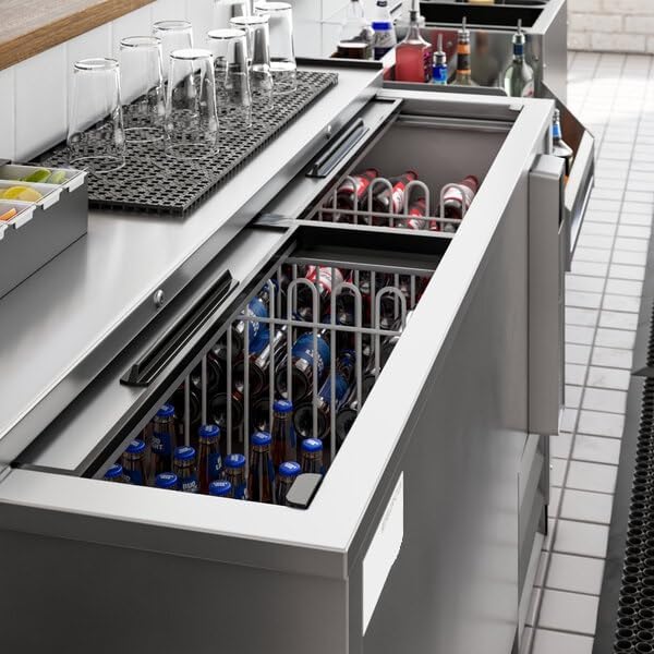 65-Inch Stainless Steel Horizontal Bottle Cooler, 17.5 Cu. Ft. Commercial Beverage Refrigerator with Sliding Lids, R290 Refrigerant, 33-40°F Temperature Range, 64.5x28x34.25 Inches