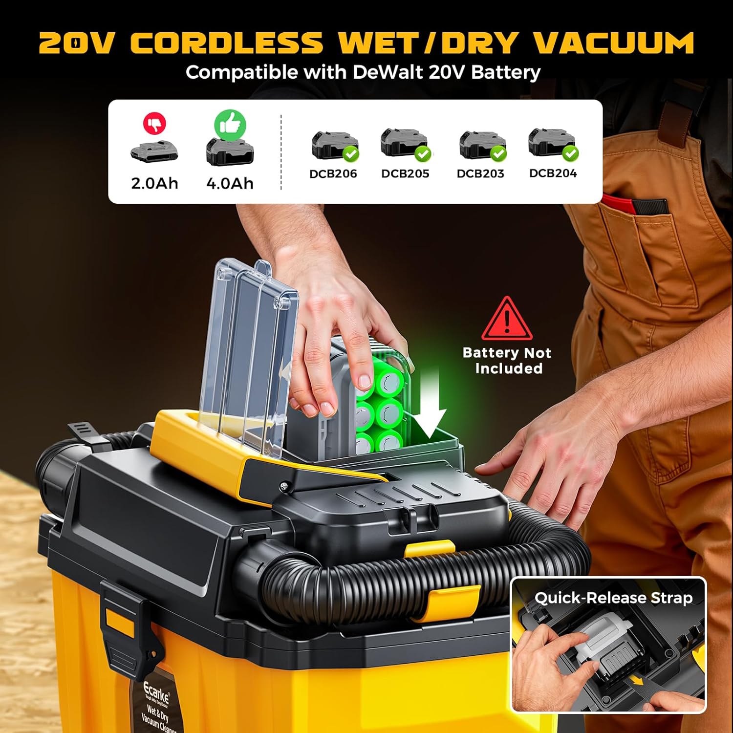 Ecarke 2.5 Gal Cordless Wet Dry Vacuum Compatible with DeWalt 20V Battery, 3-in-1 Shop Vac with Washable HEPA & Brushless Motor, 15KPa Suction, 4 Attachments for Garage Car Workshop (Tool Only)
