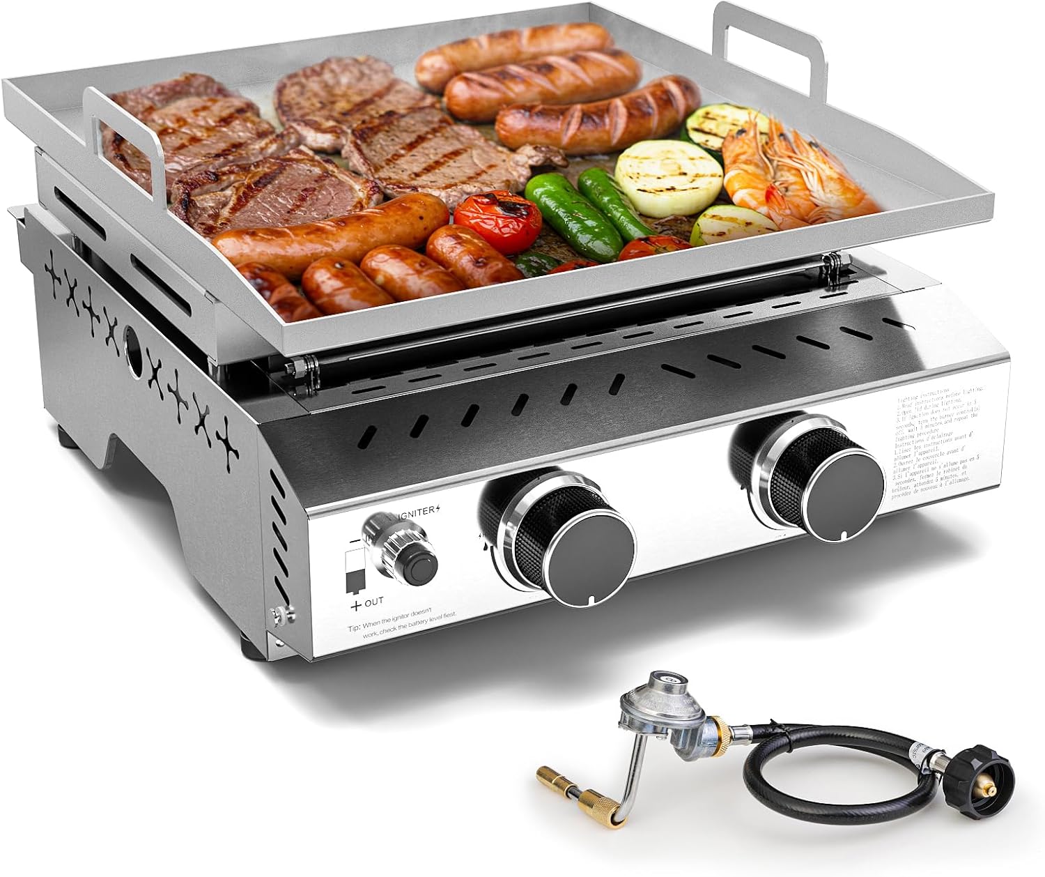 WAA Portable Propane Griddle, 16000BTU Tabletop Portable Propane Gas Grill with 2 Burners, Stainless Steel Flat Top Grill, Outdoor Cooking for Tailgating,Camping, RVs, BBQ, Patio, Silver