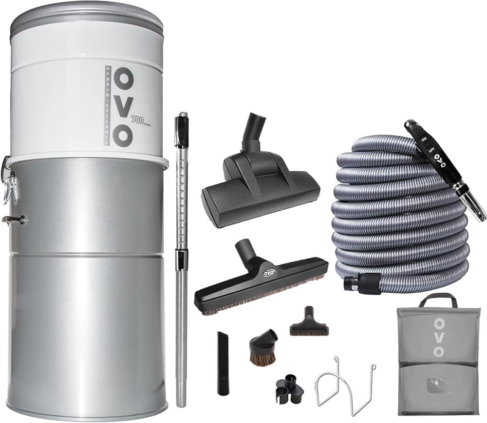 OVO Unit Heavy Duty Powerful Central Vacuum System, Hybrid Filtration (with or Without Disposable Bags) 35L or 9.25Gal, 700 Air watts with 35ft Premium Deluxe Plus Accessory kit Included