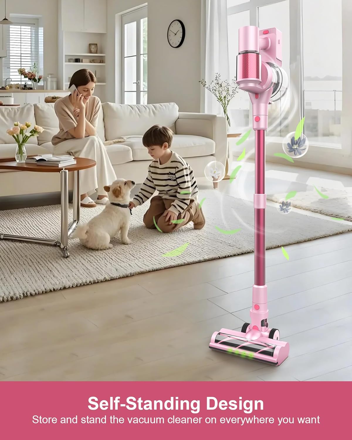 Pink Cordless Vacuum Cleaner, 550W 45KPA Turbo Suction, 60 Mins Runtime, Self-Standing with LED Display, Anti-Tangle Brush, Stick Vacuum Cleaner for Home Hardwood Floor, Carpet, Pet Hair