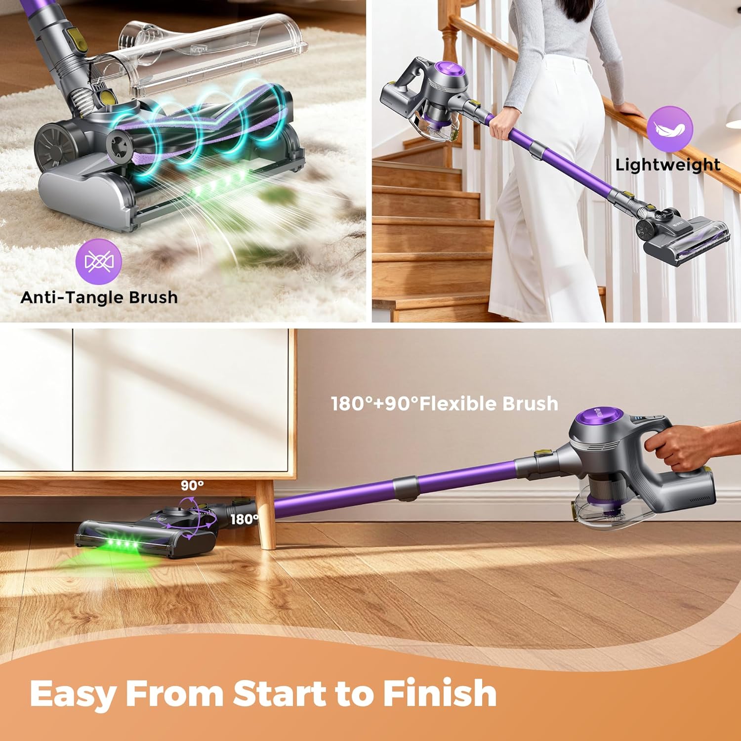 Cordless Vacuum Cleaner, 40Kpa Powerful Suction Stick Vacuum Cleaners for Home, 45 Mins Runtime, 1.6L Dust Box, Anti-Tangle, 8-in-1 Rechargeable Vacuum for Hardwood Floor, Carpet, Pet Hair