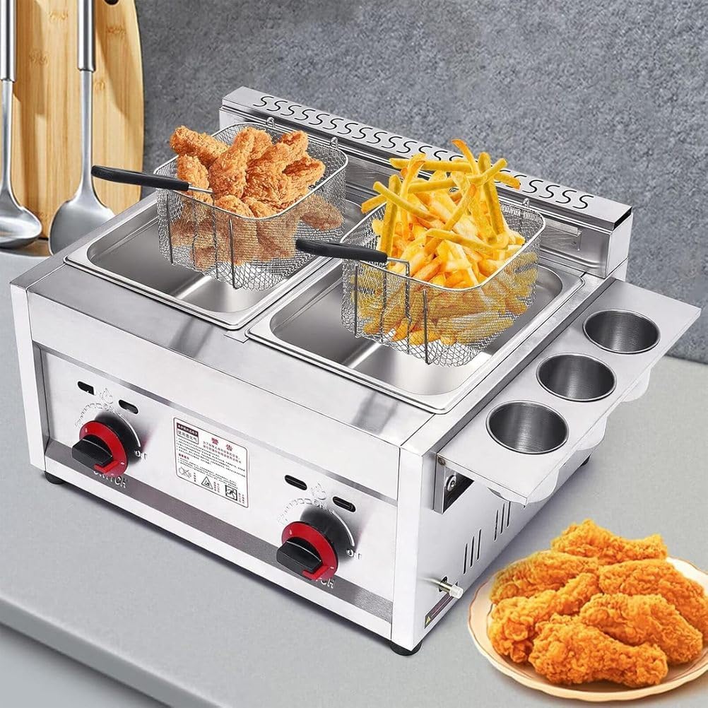 10L X 2 Commercial 2 Basket Countertop Gas Fryer, Propane LPG Stainless Steel Deep Fryer, Turkey Double Deep Fryer Countertop Fryer