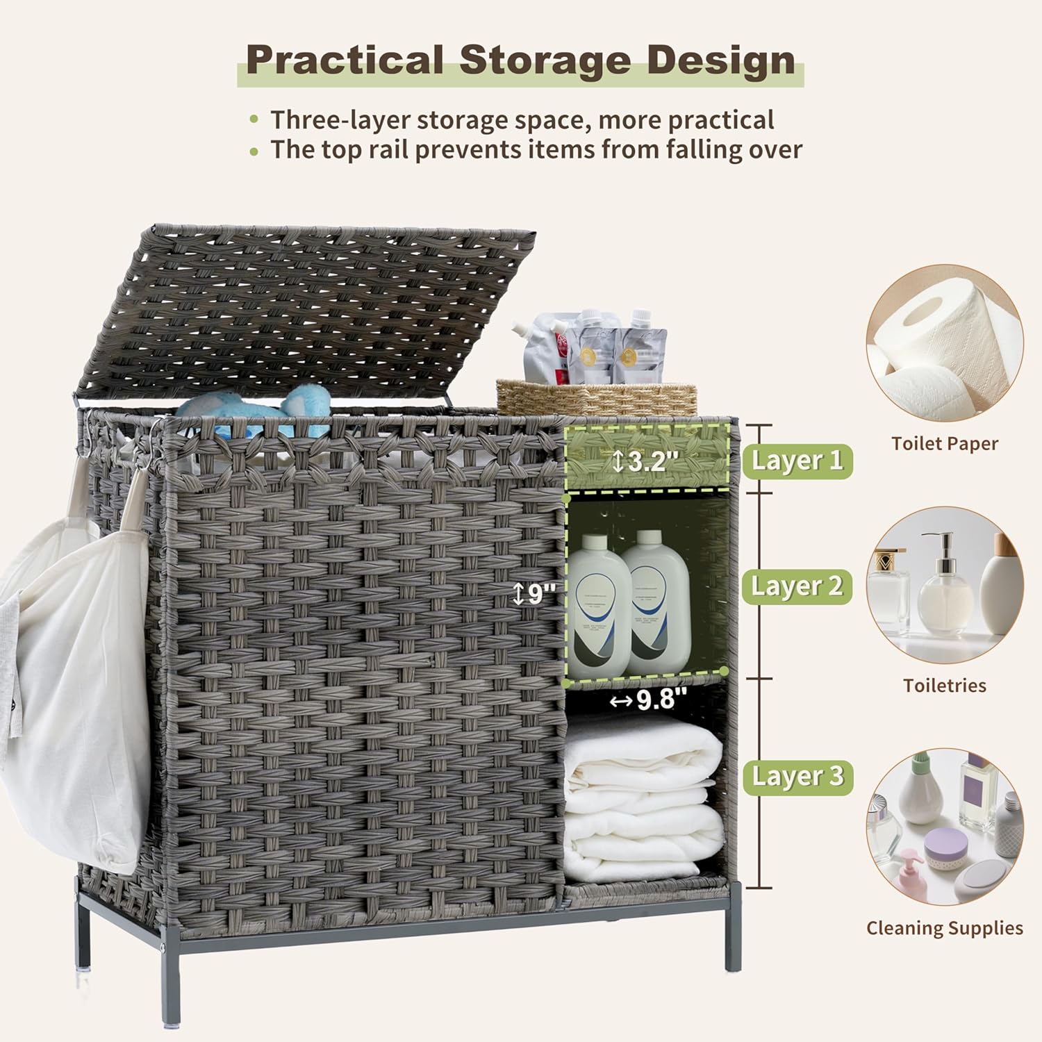 Laundry Hamper with Lid, 110L (29.1 Gal) Rattan Laundry Hamper 2 Section with 50L (13.2 Gal) Storage Shelf, Wicker Woven Laundry Sorter Basket with 3 Liner Bags and Handles, Gray GLH002G