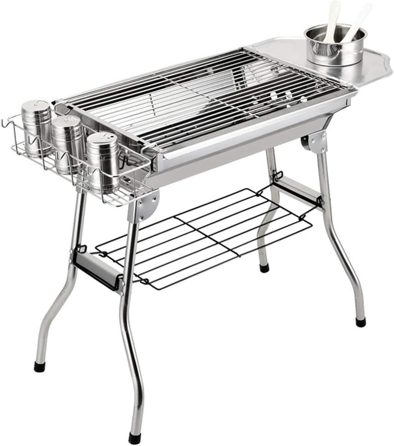 Portable BBQ Grill Outdoor Stainless Steel Portable Travel Folding Barbecue BBQ Charcoal Grill with Legs for Camping, Picnic, Outdoor,Silver Chrome BBQ Grill Utensils for Barbecue