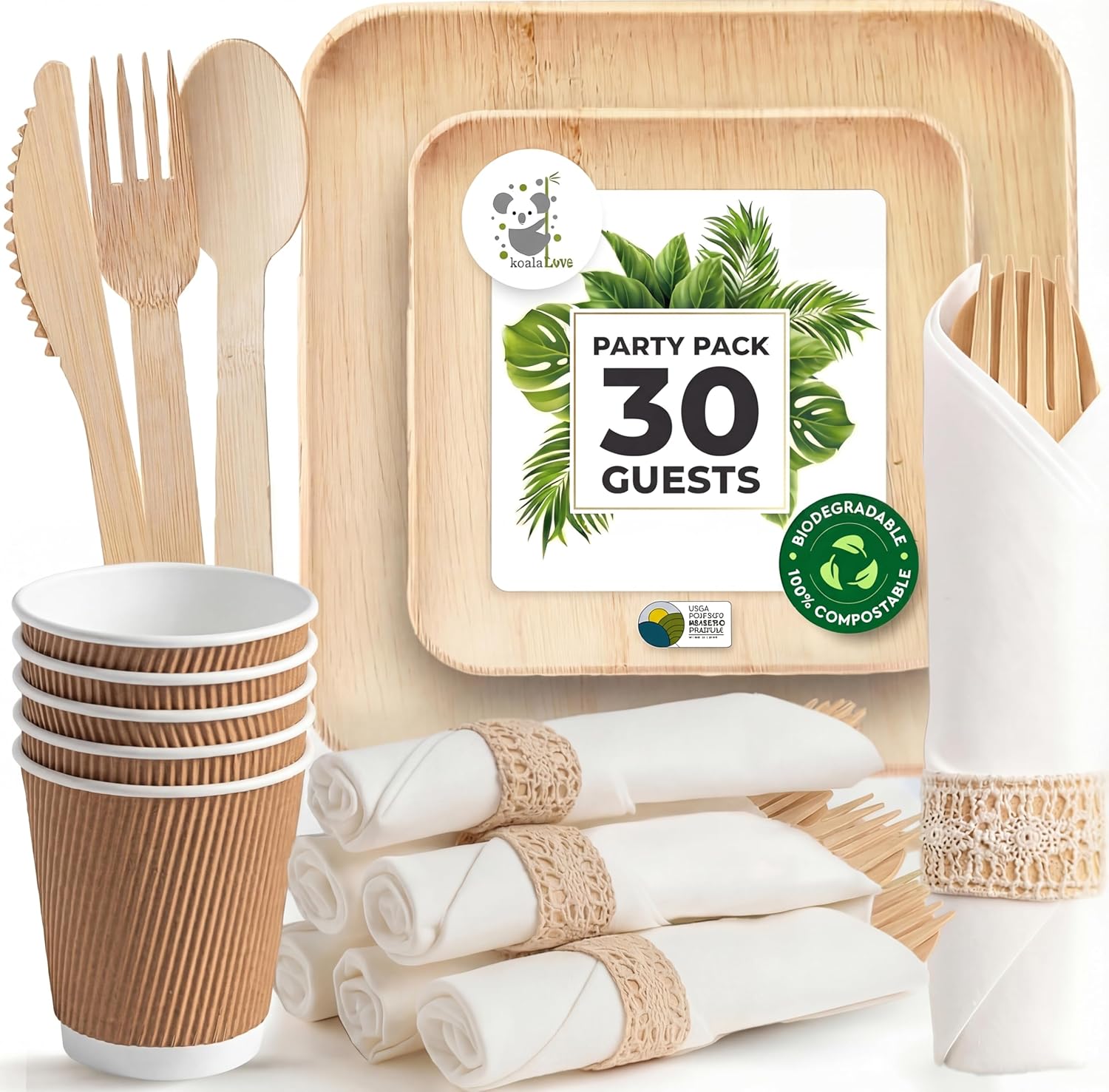 Palm Leaf Bamboo Plates & Pre-Rolled Bamboo Cutlery Party Set - 10 & 7'' Compostable Plates Elegant Pre-Rolled Utensils, Napkins , Cups for Weddings, Events, and Special Occasions For 30 Guests