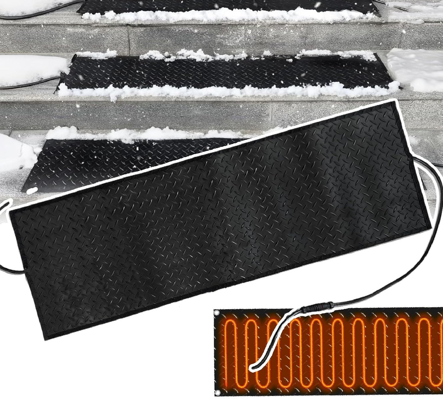 Heated Outdoor Mats,Heated Snow Melting Mats Stair Kit- for Stair Snow and Ice Melting,Up to 122°F/50°C, Two-Sided Anti-Slip Texture,with 1.5m/4.9 Ft Power Cord 21.65x47in