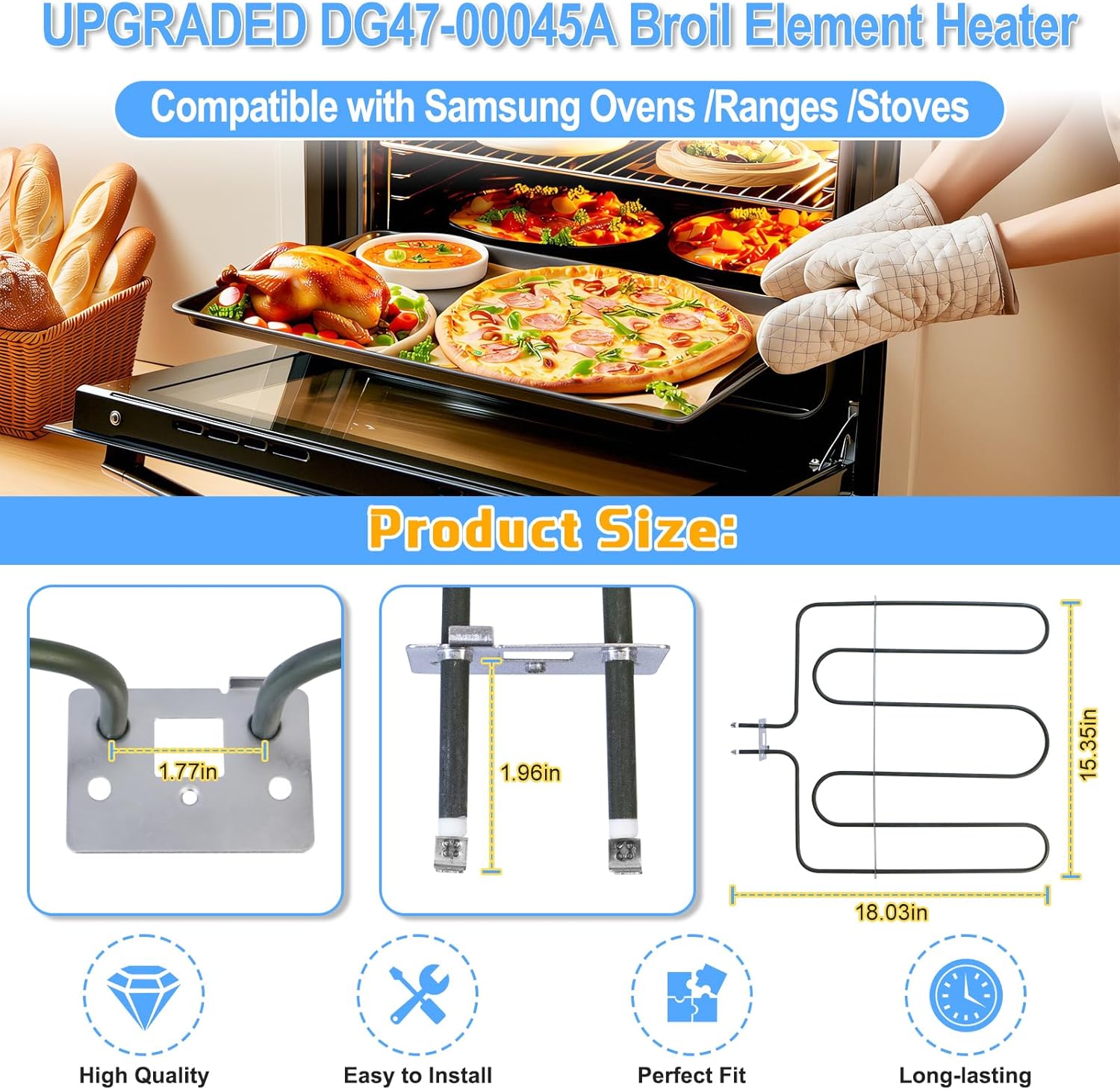 UPGRADED DG47-00045A Broil Element Heater Compatible with Samsung Electric Freestanding Range,DG47-00045A Oven Heating Element Samsung Oven Baking Element Convection Heater Stove Replacement Parts