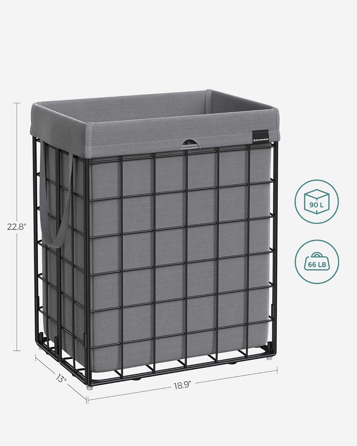 SONGMICS Laundry Hamper, 23.8 Gal. (90L) Laundry Basket, Collapsible Clothes Hamper, Removable and Washable Liner, Metal Wire Frame, for Bedroom Bathroom, Black and Gray ULCB190G01
