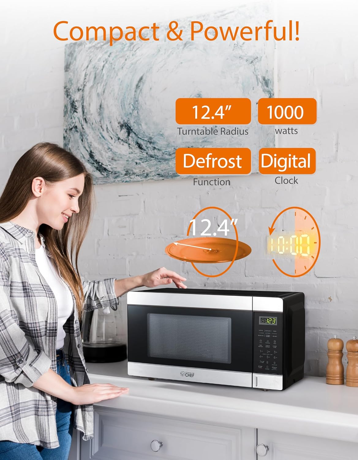 Commercial CHEF Countertop Microwave, 1.1 Cubic Feet, Black With Stainless Steel Trim