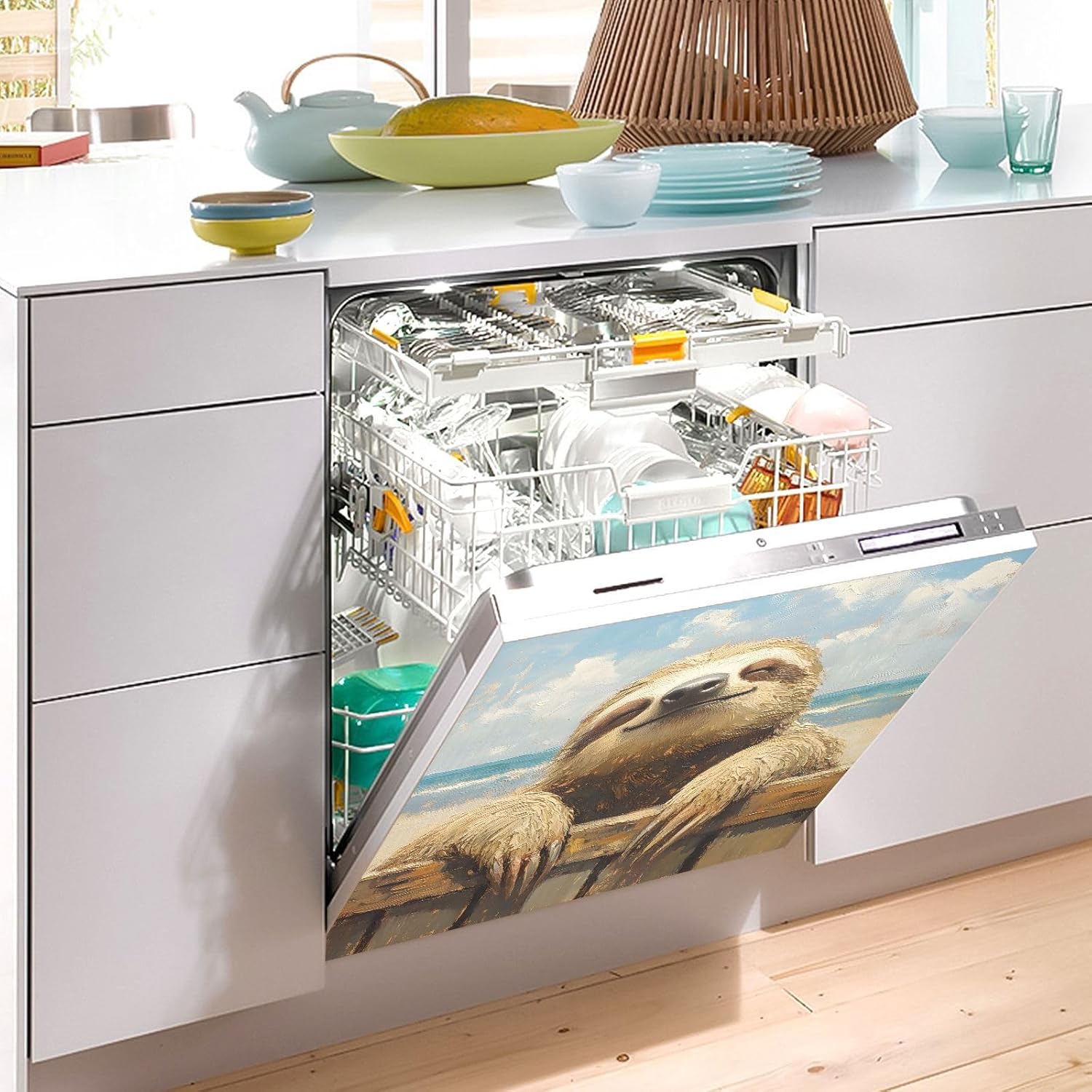 Dishwasher Magnet Cover Large Magnetic Stickers Sloth Seaside Pattern Front Dishwasher Cover Reusable Decal for Home Kitchen Anti-Scratch Refrigerator Decorative Lid Washing Machine Laundry 23