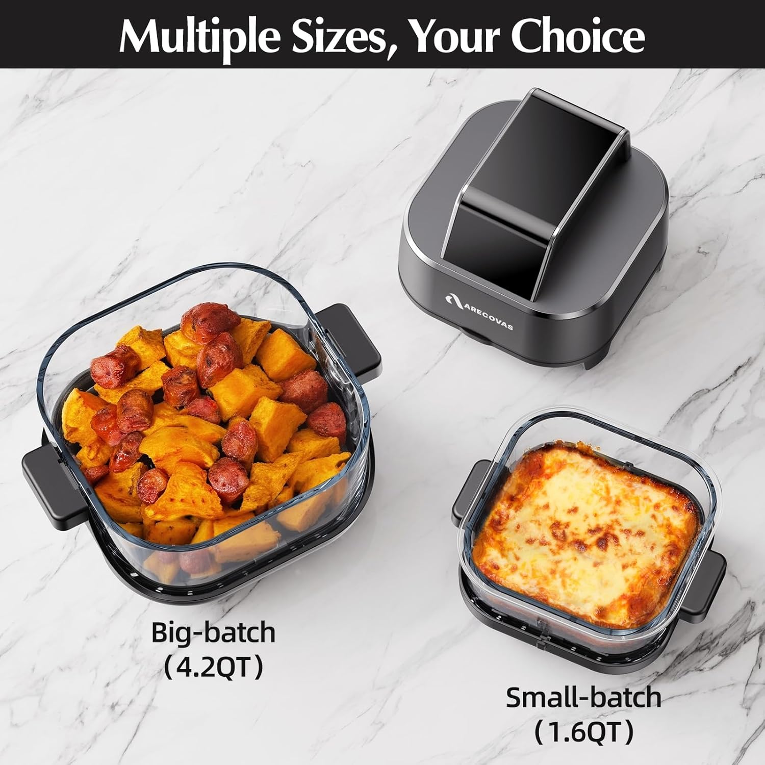 4-in-1 Portable Glass Air Fryer, 140–400°F Precise Heat, Max Crisp Technology, 4.2QT & 1.6QT Dual Containers with Lids, Freezer & Dishwasher Safe, Bake, Recrisp, Air Fry