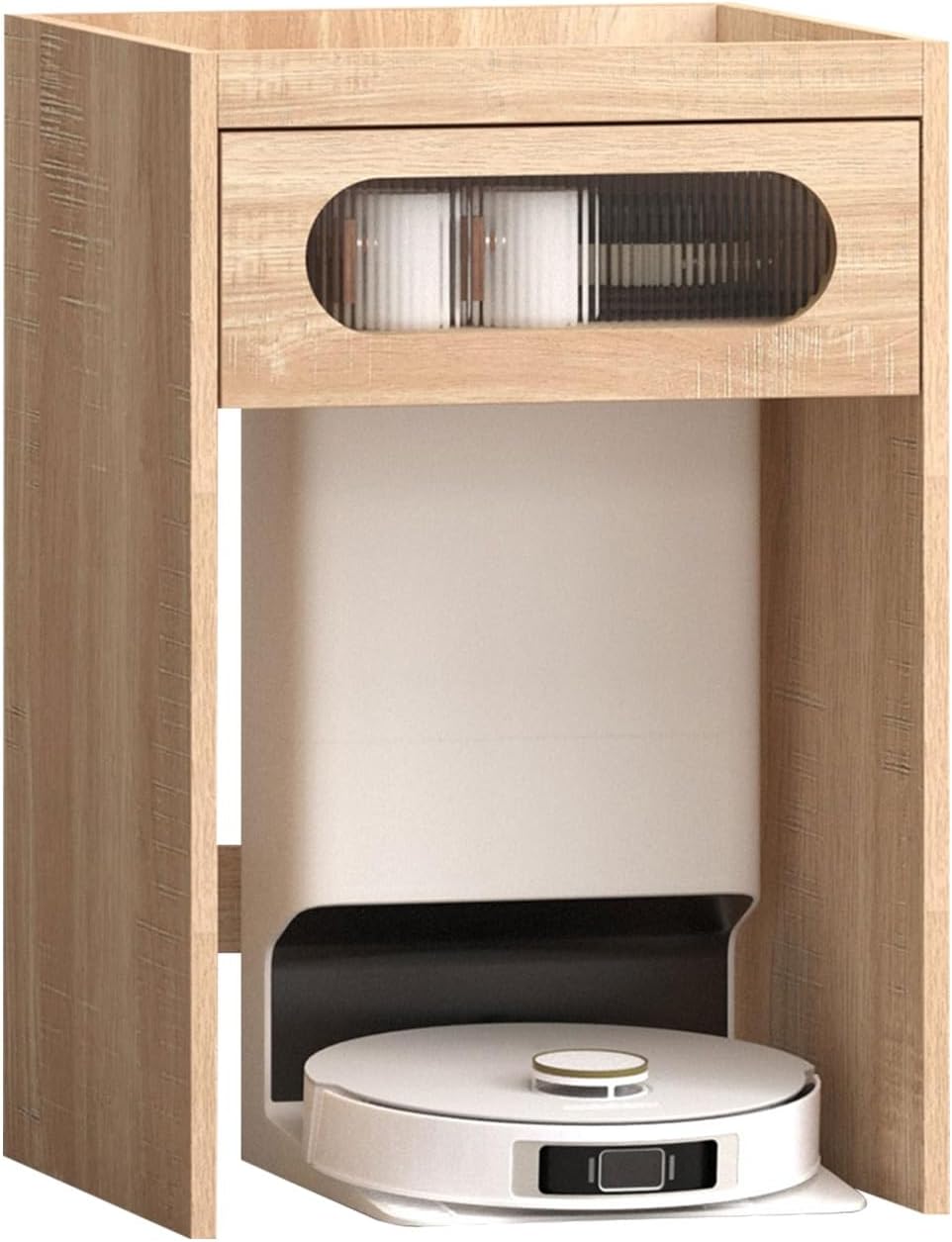 Modern Robot Vacuum Storage Rack Wooden Modern Hiding Robot Vacuum Cabinet Pull-Out Top Panels Portable Nightstand Accent Side Tables for Living Room Bedroom Office Kitchen(Natural)