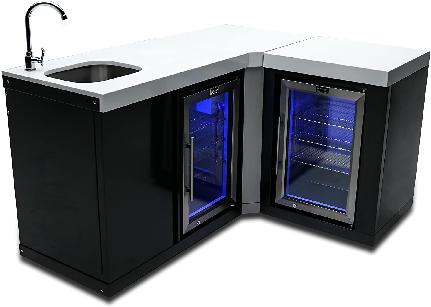 Mont Alpi MA-BEVBSS90FC Bar Series 90 Degree Corner Black Stainless Steel Double Outdoor Rated Refrigerator Wine Cooler Beverage Center Granite Countertops with Blue LED Lighting + Faucet & Sink