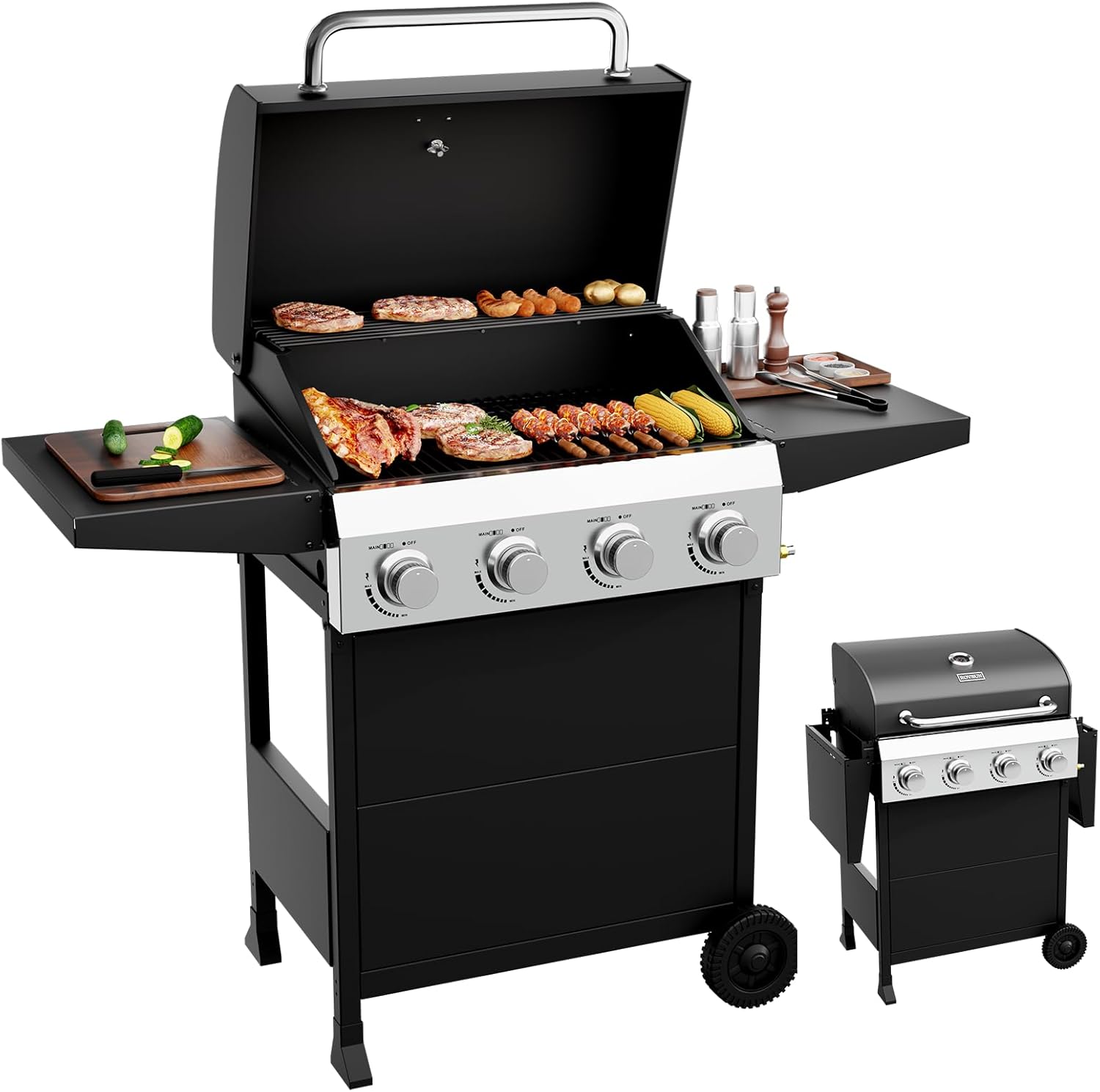 Bonnlo 4 Burners Portable Gas Grill with Enameled Cast Iron Grates, Powerful 40,000 BTU Propane Grill with Side Shelf & Bottom Cabinet, Outdoor Grill with Wheels for Patio Backyard Garden BBQ Use