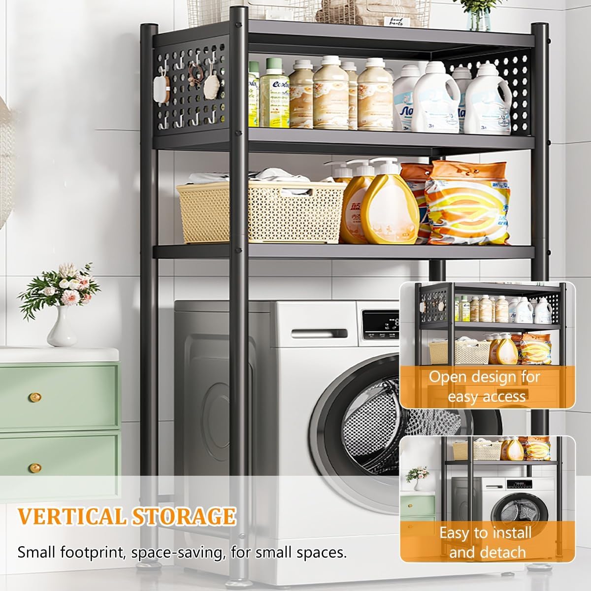 3 Tiers Over Washer and Dryer Shelves, Steel Washer-Dryer Stacking Rack Stand with Wheels, All Steel Laundry Room Organizer Standing Shelf with Perforated Board for Bathrooms, Bedroom, Balcony(Black,7