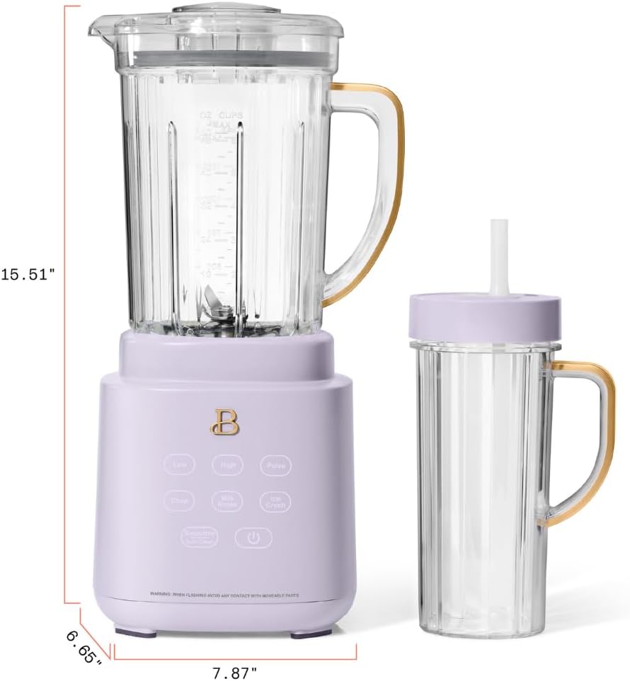 Beautiful PowerExact Blender System, 700W, Touch Display, PrecisionSense Tech, 50oz Tritan Jar + 20oz To-Go Cup, 4 Presets, Ice Crush, Smoothie, Dishwasher Safe, Gold Accents (Lavender)