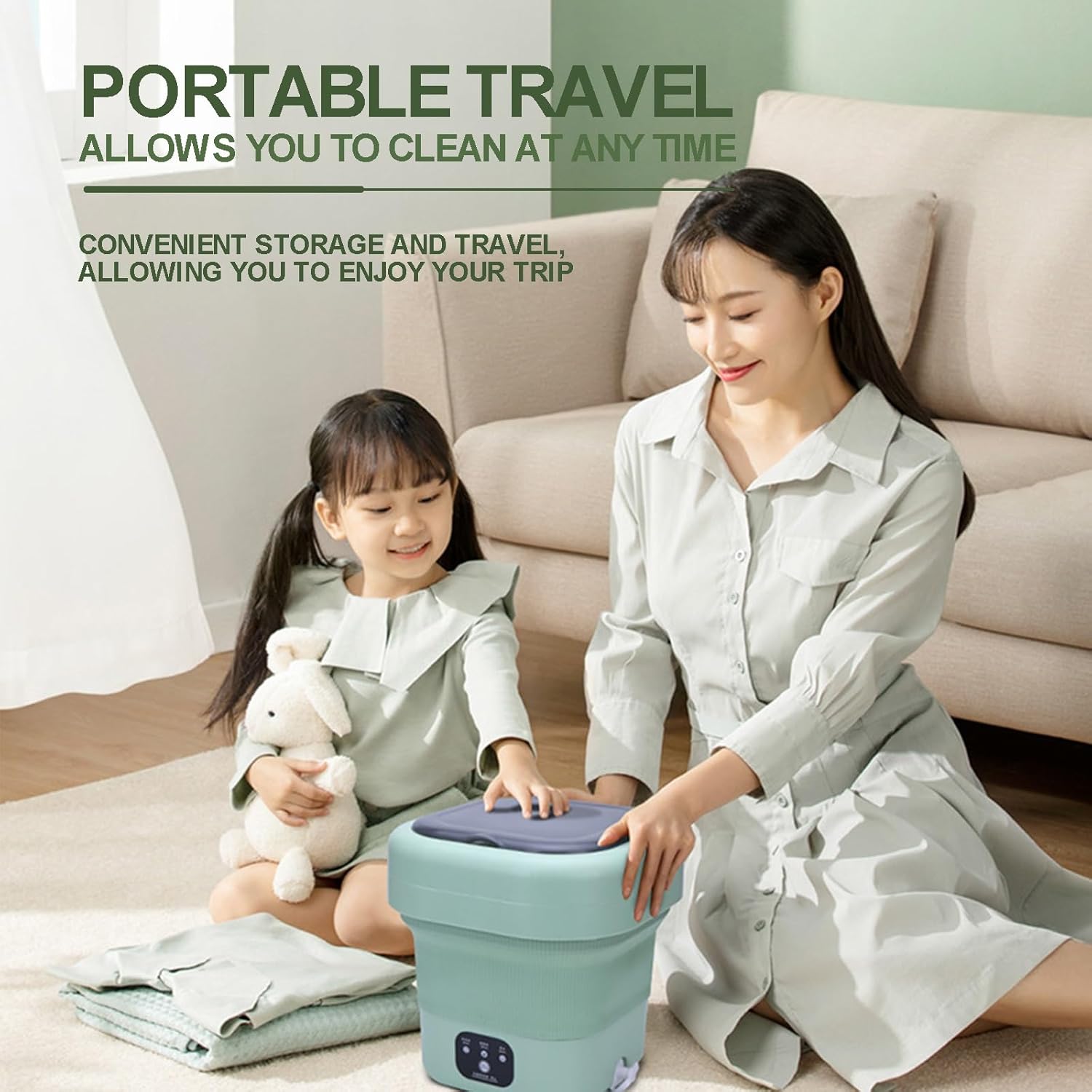 Small Portable Washing Machine, Mini Washer with 3 Modes Deep Cleaning for Underwear, Baby Clothes, Or Small Items, Foldable Washing Machine for Travel, Apartments, Campin (Color : Green)