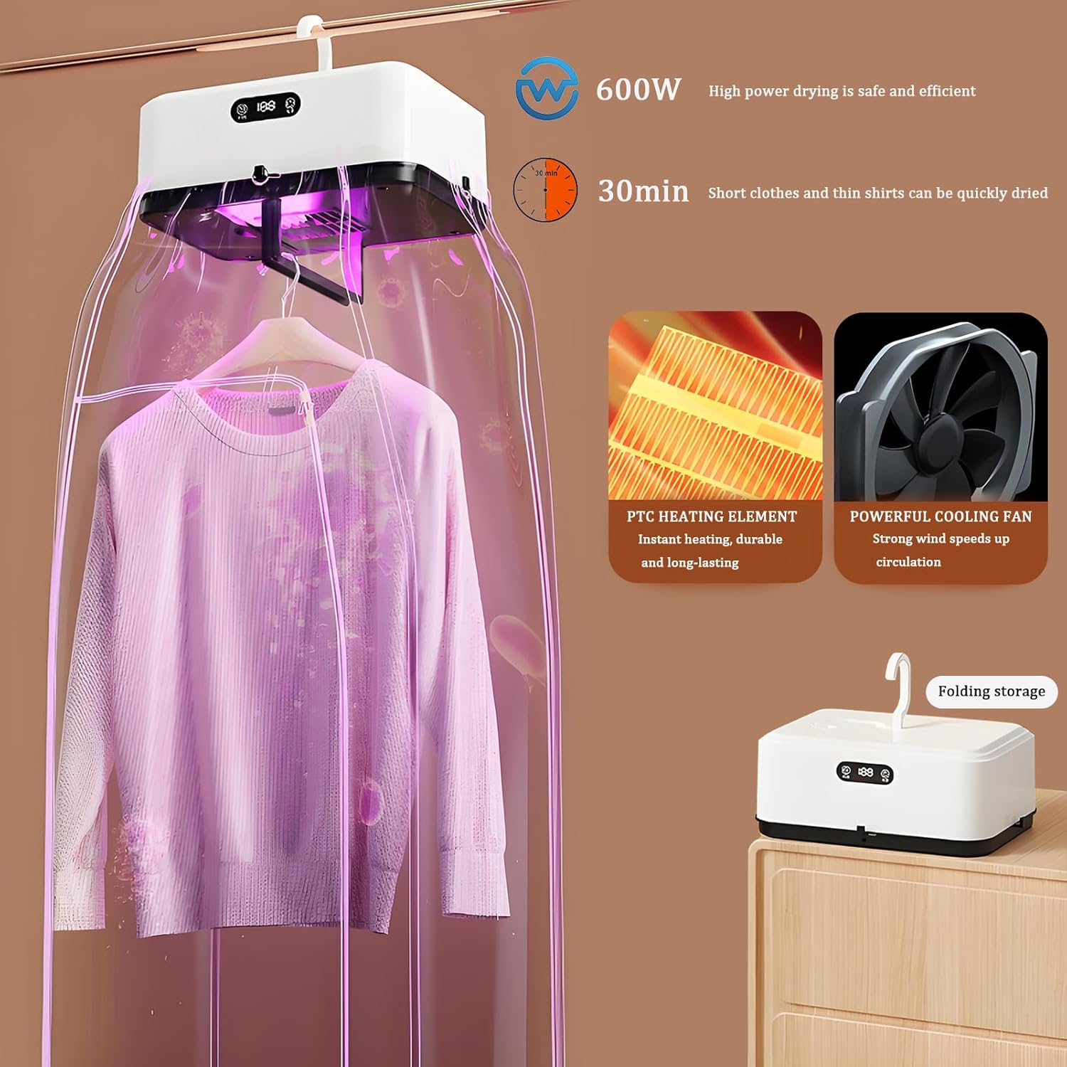 Portable Clothes Dryer,Intelligent Constant Temperature And Portable,Small Foldable,360 Cycle Heating,Digital Touch Screen,Suitable For Home Or Travel Use (White)