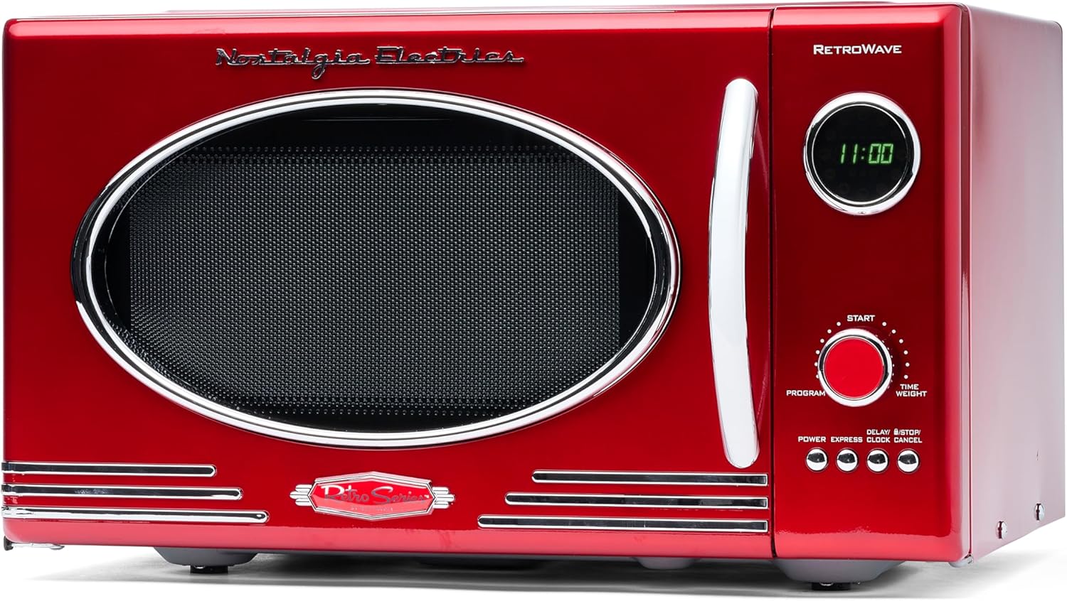 Nostalgia RMO4RR Retro Large 0.9 cu ft, 800-Watt Countertop Microwave Oven, 12 Pre-Programmed Cooking Settings, Digital Clock, Easy Clean Interior, Metallic Red
