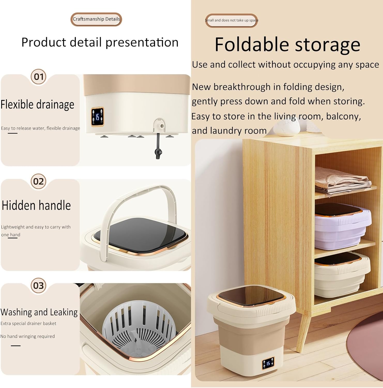 Portable Washing Machine, Mini Washer Foldable, Baby Washing Machine, Washing and Draining All in One, With Spin Cycle Basket, for Camping, Traveling, Apartments, Dorms, Rvs-110v ( Color : Beige , Siz