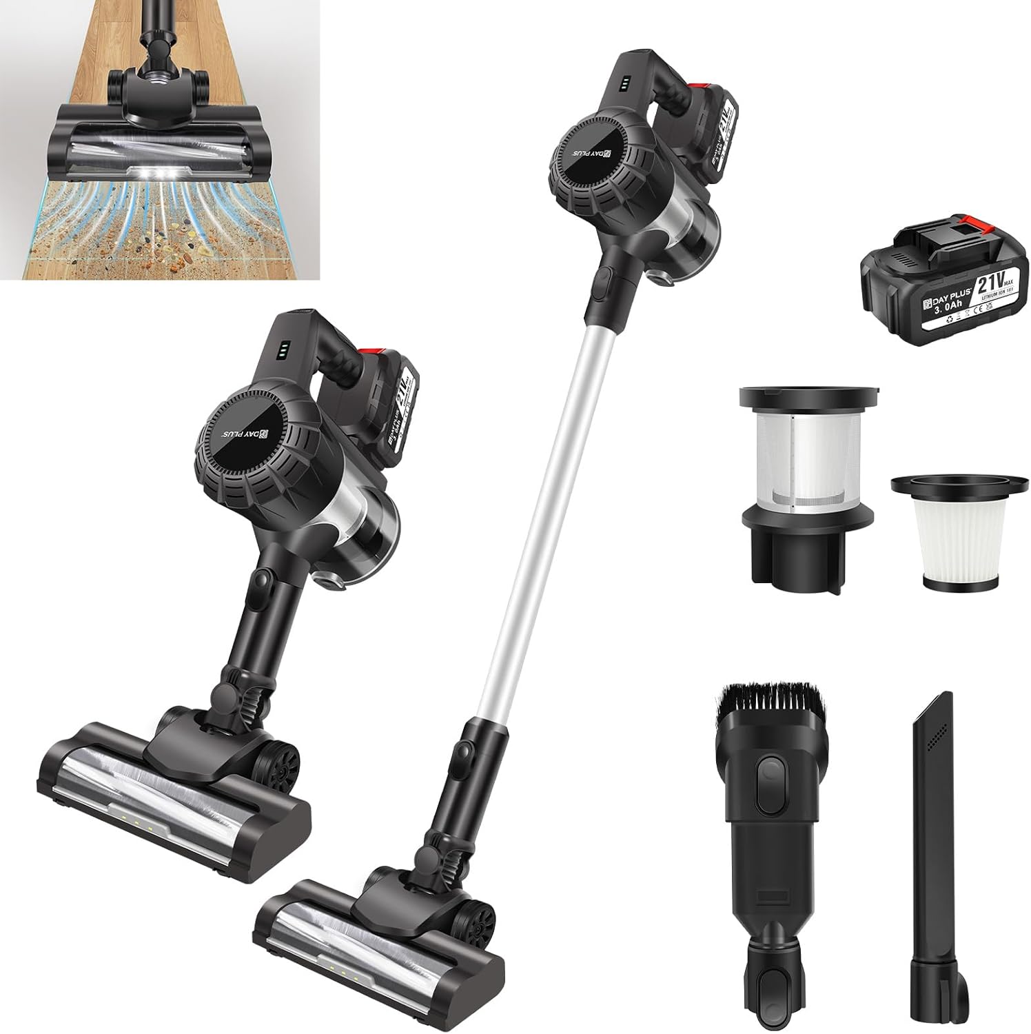 Freestanding Cordless Vacuum Cleaner with Brushless Motor,3 in 1 Standing Stick Vacuum with LED&Floor Brush,Stick Hoover with Detachable Battery&Dual Adjustable Speeds for Home,Carpet,Hard Floor