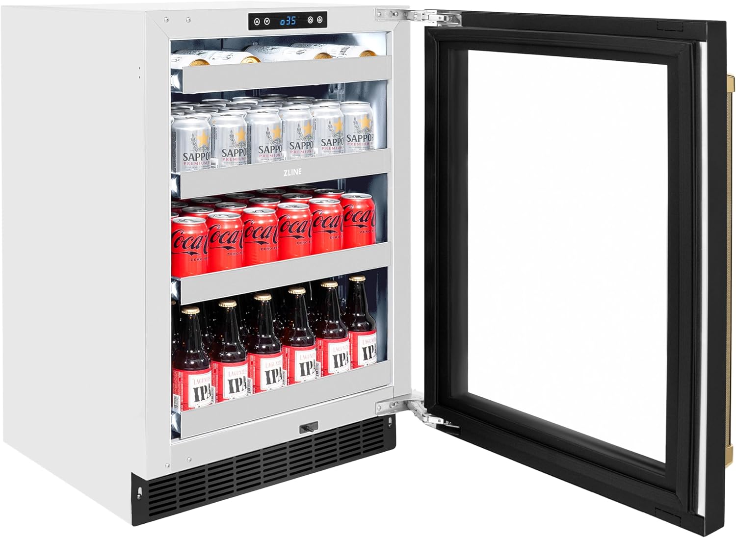 ZLINE Autograph Edition 24 in. Touchstone 151 Can Beverage Fridge with Black Stainless Steel Glass Door and Polished Gold Helix Handle (RBSOZ-BS-24-KG)