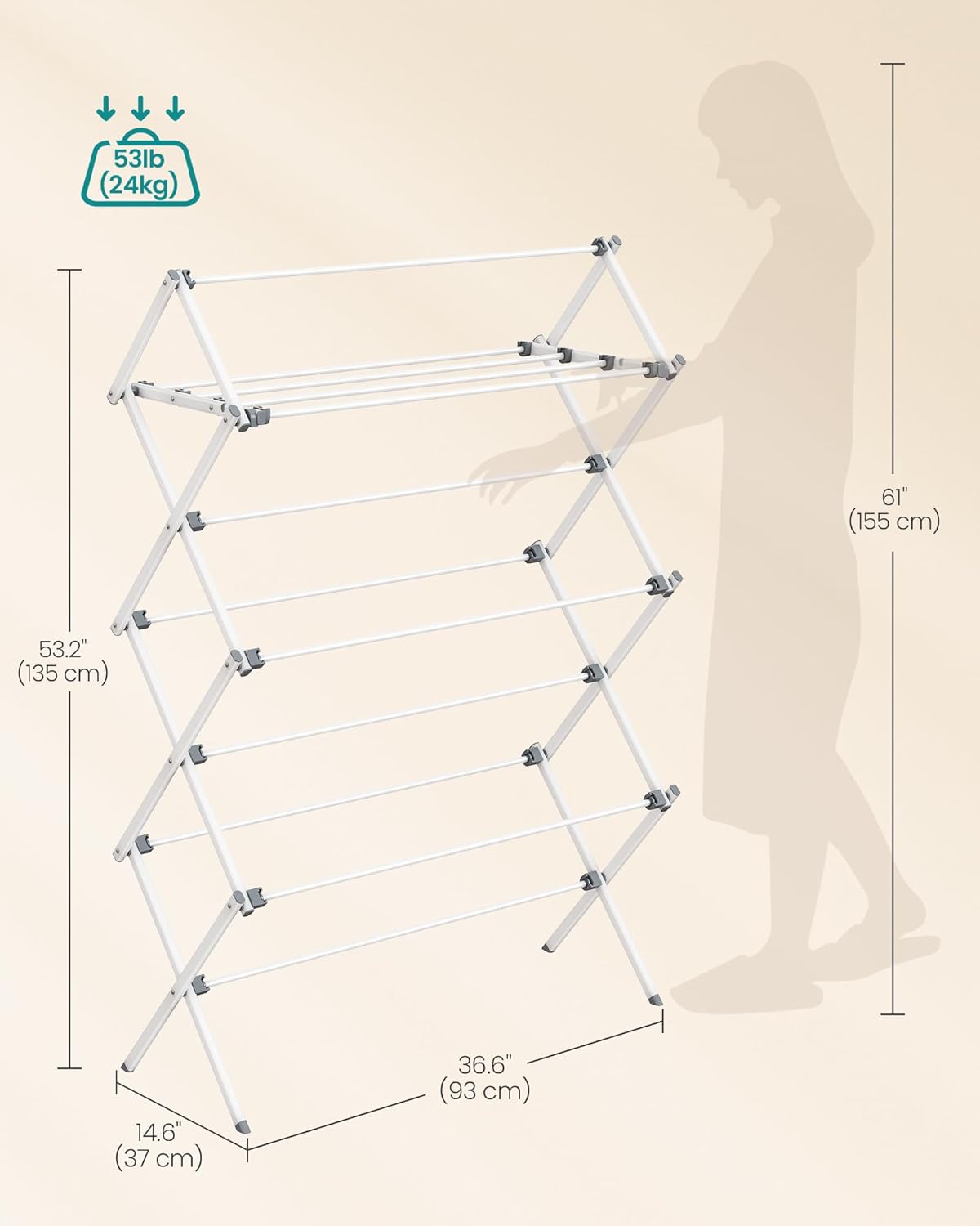 SONGMICS Foldable Clothes Drying Rack, Laundry Drying Rack, Clothes Airer, Steel Frame, 14.6 x 36.6 x 53.2 Inches, Easy Assembly, Indoor Outdoor Use, Pearl White ULLR771W01
