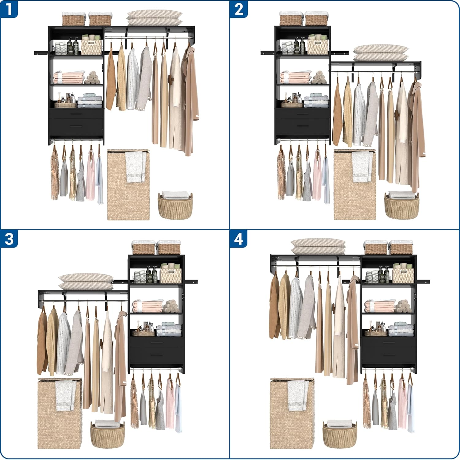 Wood Laundry Room Organizer System with Drawer, Wall Mounted Over Washer and Dryer Storage Shelves with Pull-Out Board & Hang Rods, Space Saver Clothes Drying Rack, Black