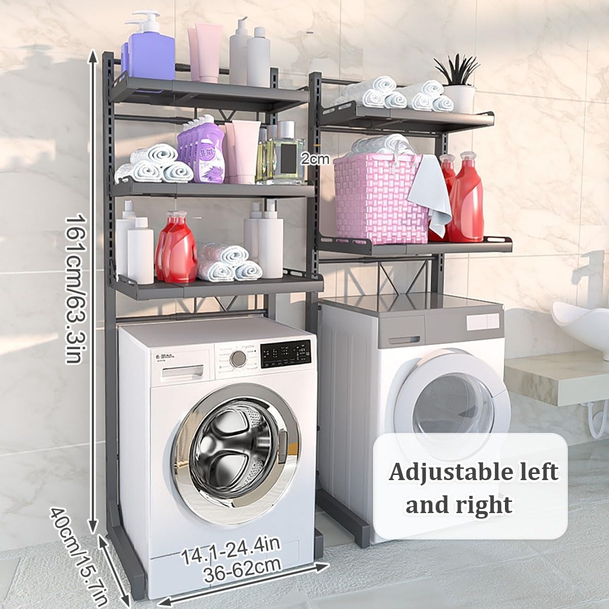 Over Washer And Dryer Storage Shelf, Dryer Stand Height Adjustable Portable Stacking Kit For Washing Machine Tumble Dryer, Carbon Steel Material, For Bathrooms Laundry Rooms Balconies(Gray,161cm/63.3i