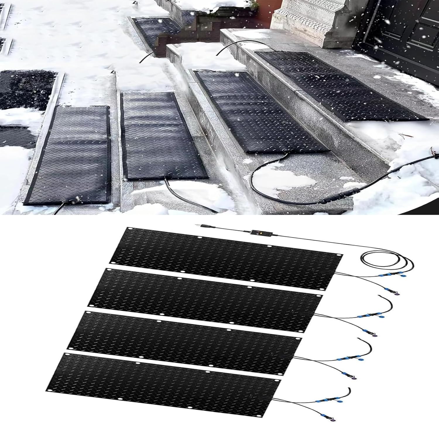Heated Snow Melting Mats for Stairs- 1/2/3/4/5 pcs，Non Slip Rubber Heated Mat with Power Cord, Winter Snow and Ice Melting Mat，2 in/h Snow Melting Speed for Winter Snow Removal ，for Outdoor Stairs(4 P
